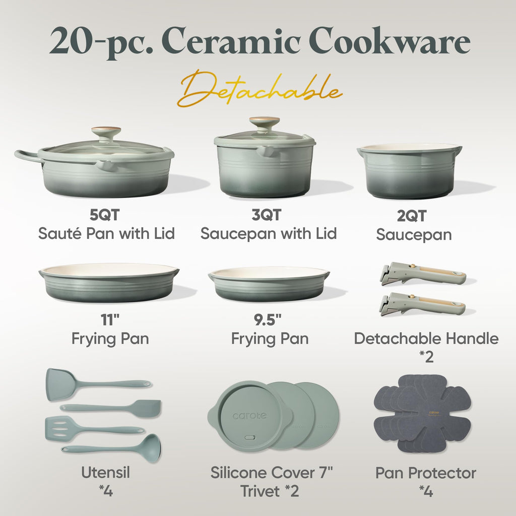 CAROTE 20Pcs Titanium Cookware Set, Pots and Pans Set Non Stick, Kitchen Cooking Set with Detachable Handle, Non Toxic Induction Cookware, Dishwasher/Oven Safe