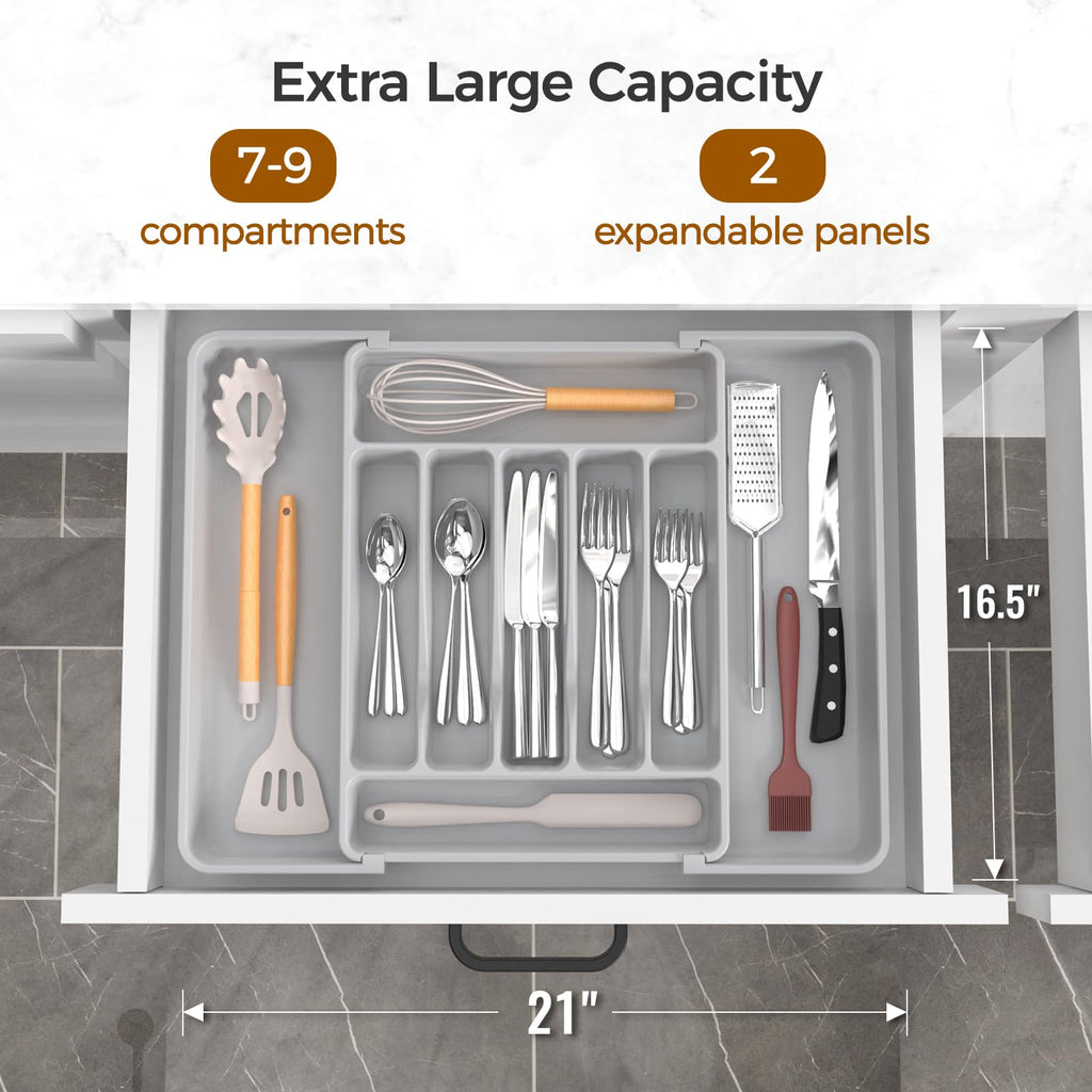 Extra Large Expandable Silverware Organizer, BPA-Free Food-Safe Cutlery Flatware Organizer, Kitchen Utensil Drawer Organizer, Adjustable Silverware Holder for Spoons Forks Knives, Black
