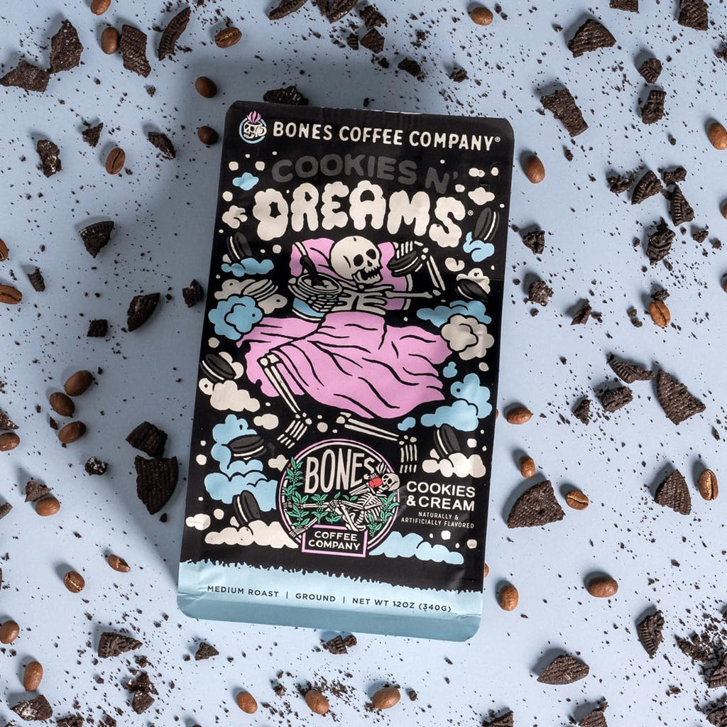 Bones Coffee Company Highland Grog, Butterscotch Caramel Flavored Coffee, Medium Roast Low Acid Arabica Beans Compatible with Auto drip and French Press Coffee Maker, 12 Oz Ground