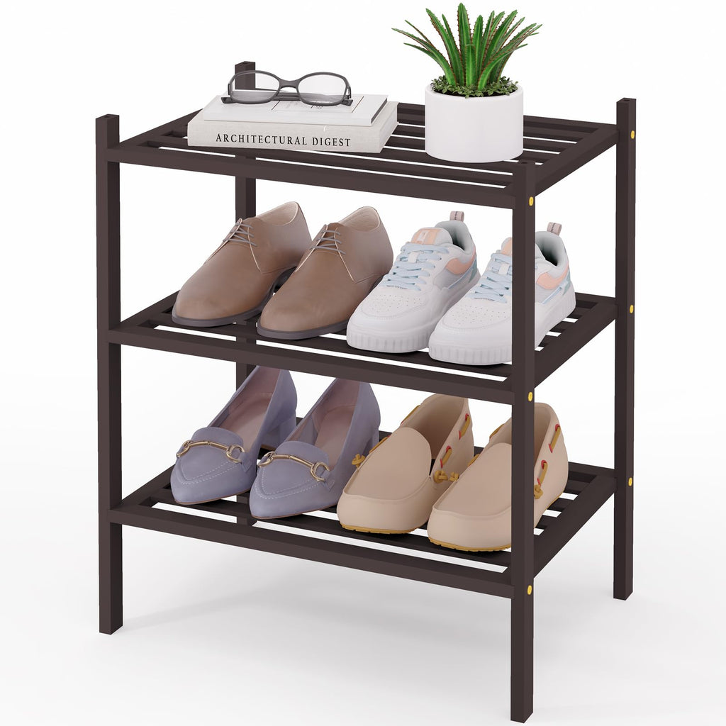 Smiry Bamboo Shoe Rack 3-Tier, Stackable Wooden Shoe Organizer for Entryway & Closet, Free Standing Wood Shoe Storage Shelf for Front Door & Small Spaces, Natural