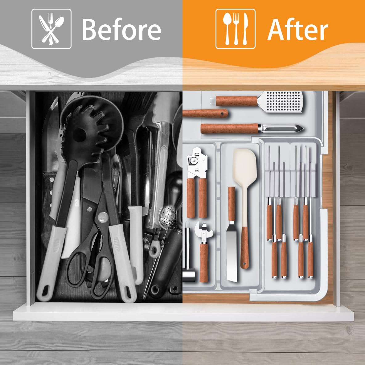 Large Utensil Drawer Organizer for Kitchen, Expandable Silverware Organizer Utensil Holder, Cutlery and Flatware Cooking Tray, Kitchen Drawer Organizers and Storage with Removable Knife Block, Black