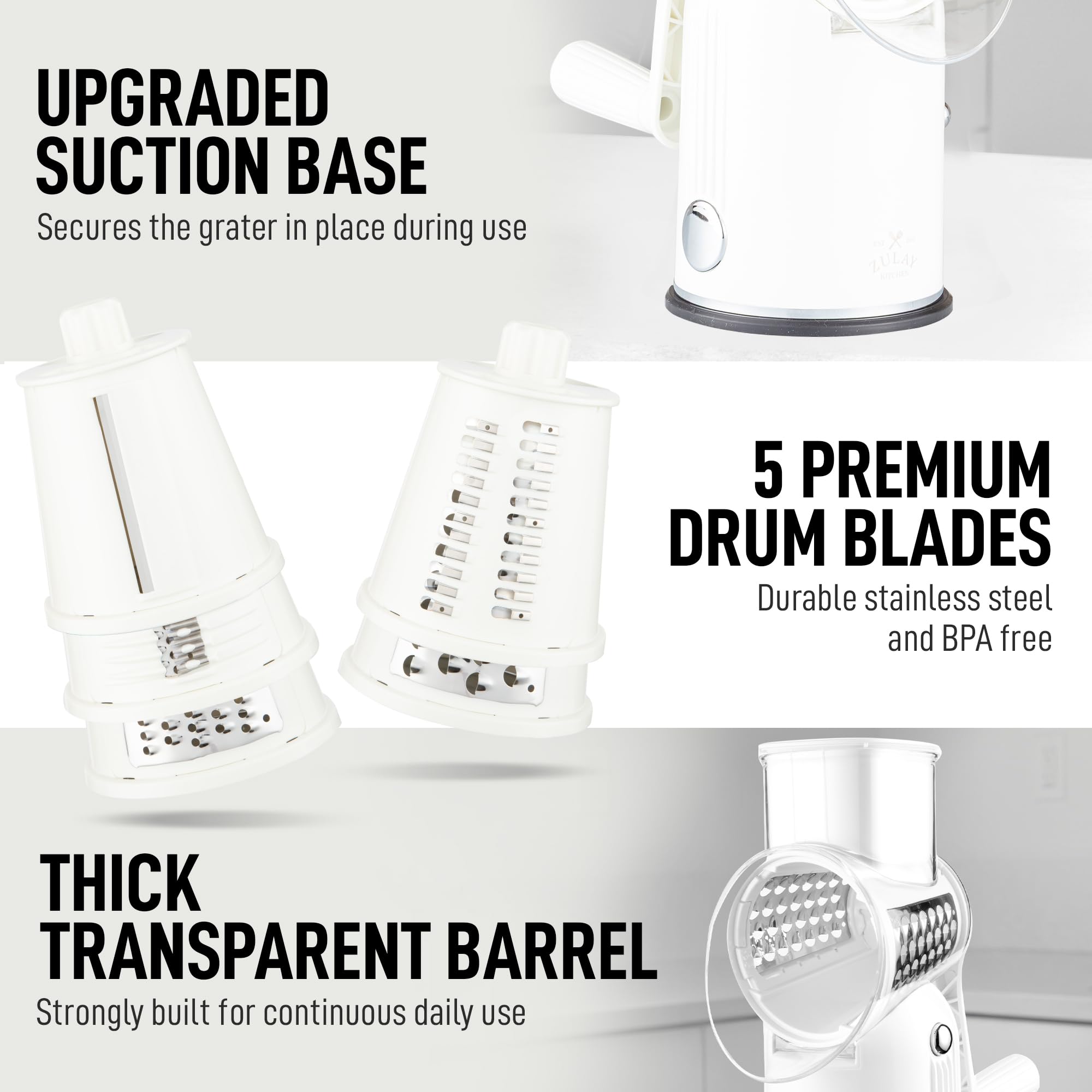Zulay Kitchen Rotary Cheese Grater 5 Blade Cheese Shredder - Manual Hand Crank Cheese Grater With Reinforced Suction & 5 Interchangeable Drums - Easy to Use, Vegetable Chopper Round Mandoline Slicer