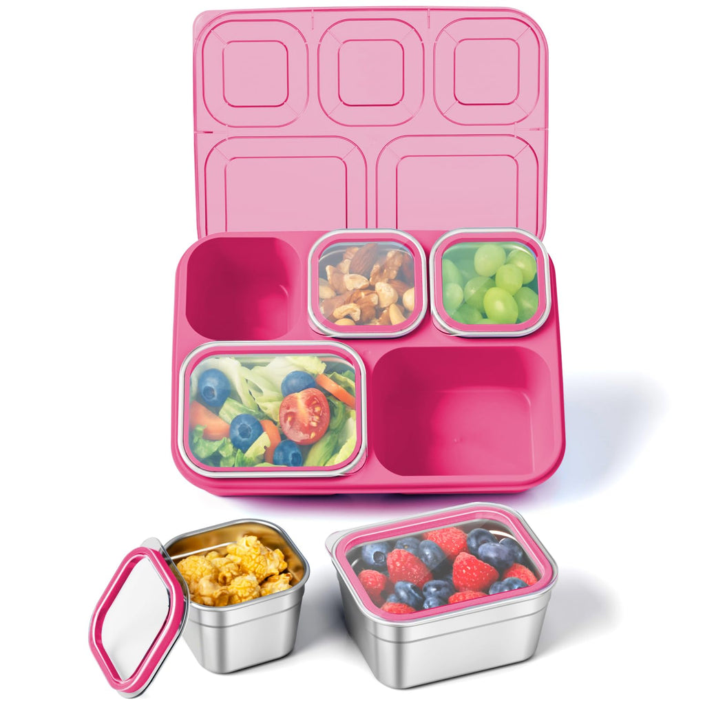 Freshmage Stainless Steel Snackle Box Container, 5 Compartment Lunch Bento Box, Reusable Food Storage Snack Box for School, Work, and Travel, BPA Free and Dishwasher Safe, Pink (1 Pack)