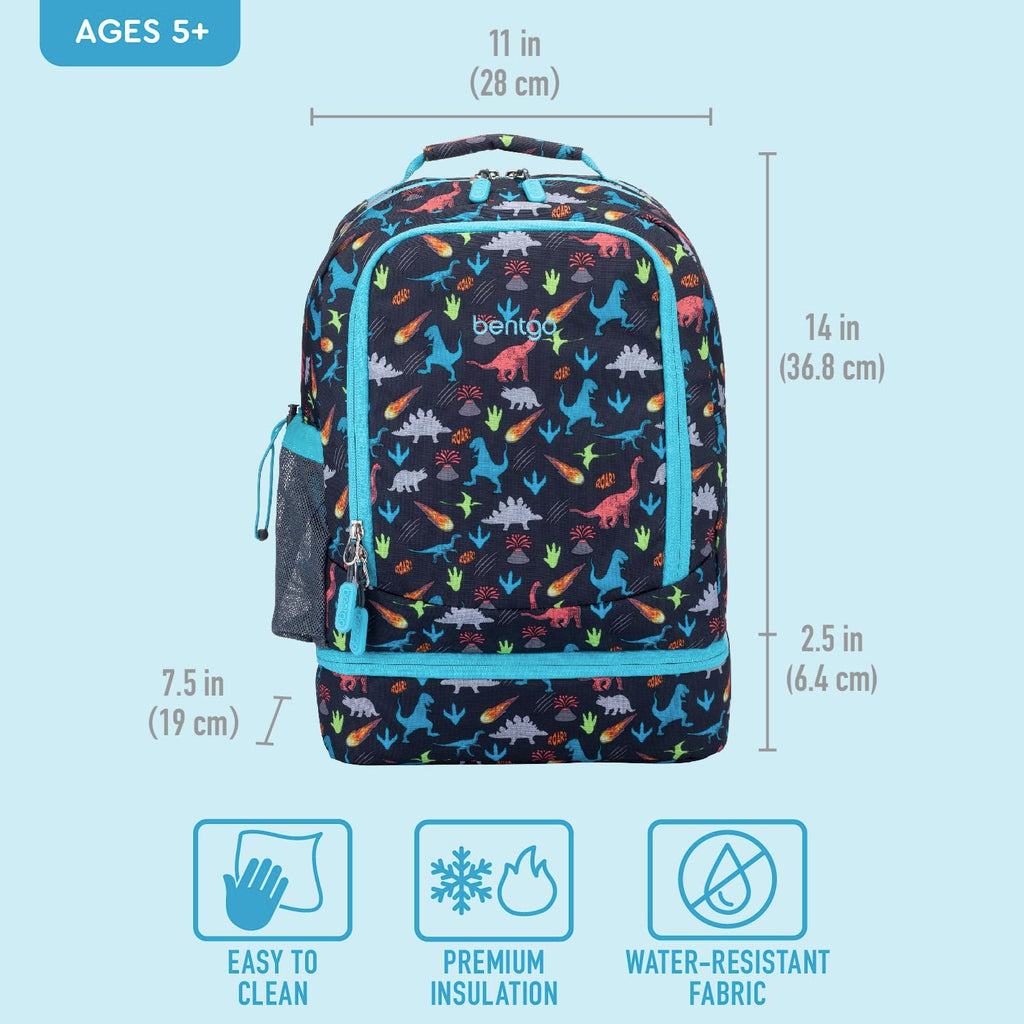Bentgo Kids 2-in-1 Backpack & Insulated Lunch Bag - Durable 16” Backpack & Lunch Container in Unique Prints for School & Travel - Water Resistant, Padded & Large Compartments (Dinosaur)