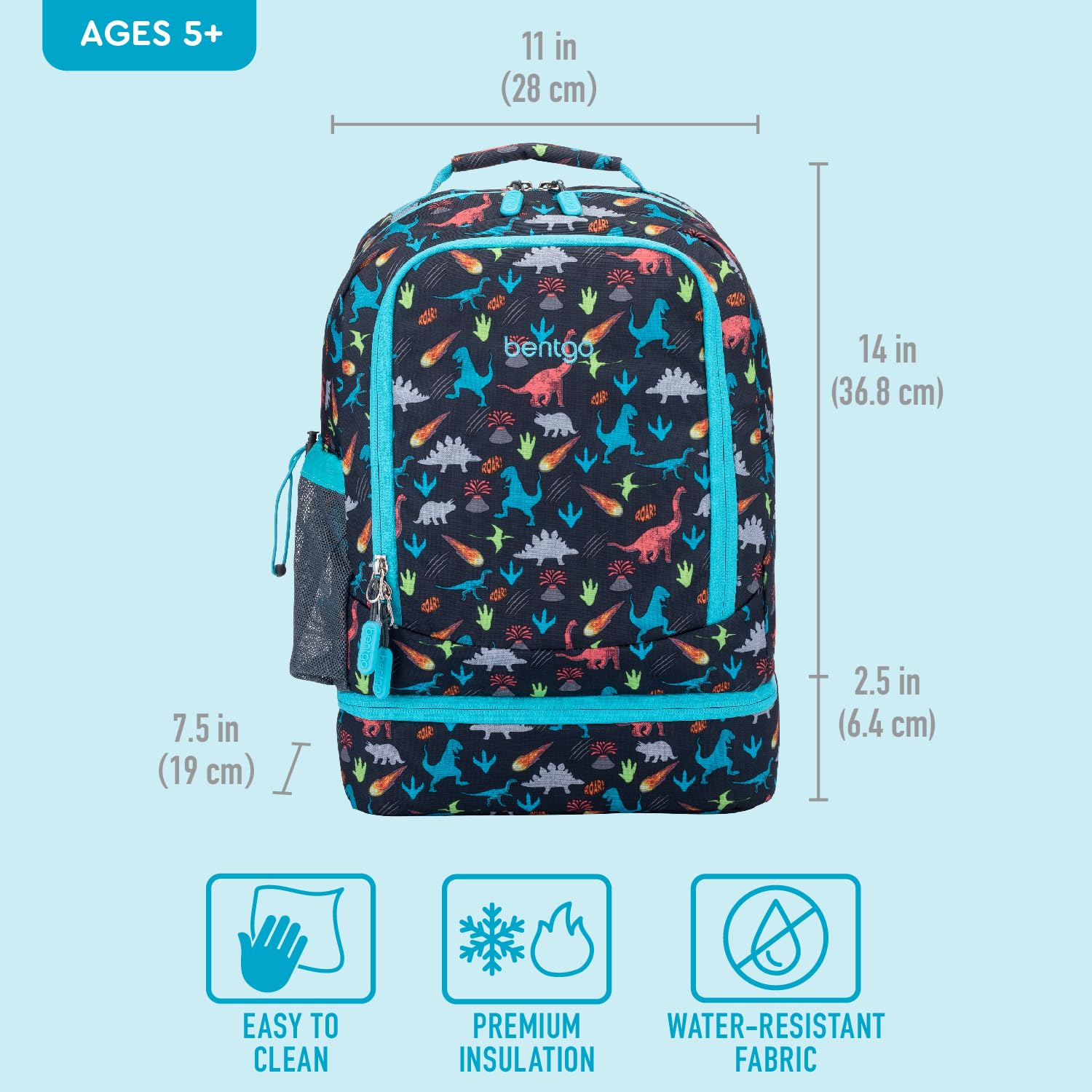 Bentgo Kids 2-in-1 Backpack & Insulated Lunch Bag - Durable 16” Backpack & Lunch Container in Unique Prints for School & Travel - Water Resistant, Padded & Large Compartments (Dinosaur)