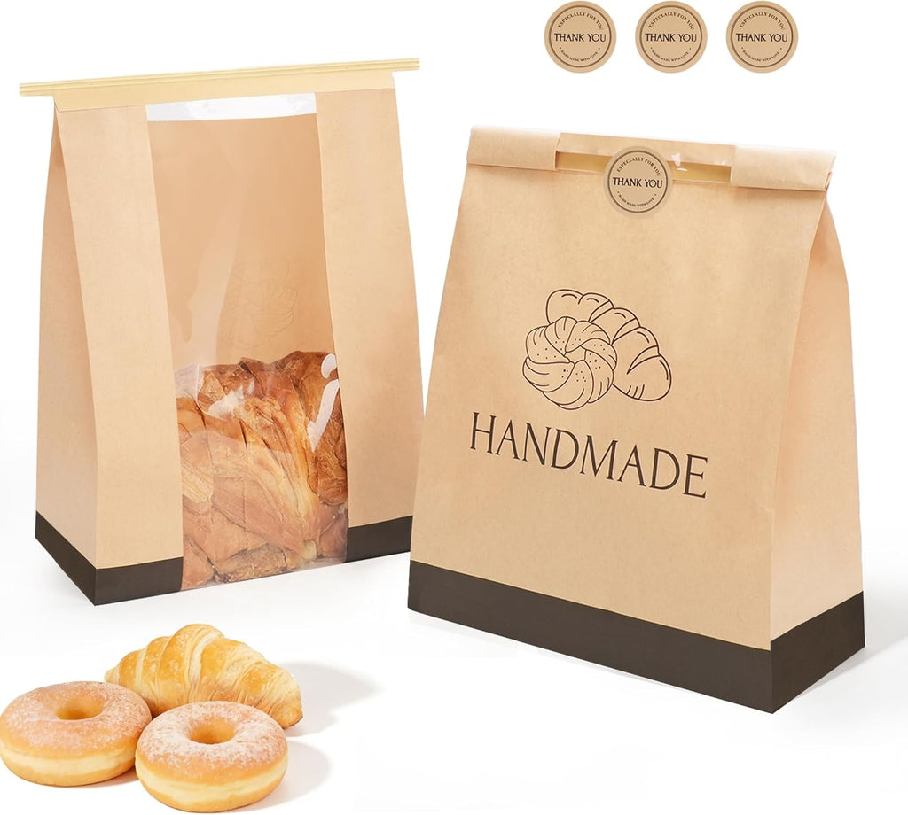 100Pcs Paper Bread Bags for Homemade Bread, 14 x 8.3 x 3.5 Inch Sourdough Bags with Tin Tie Tab Lock, Large Bread Storage Bags, Includes 126 Cute Seal Stickers