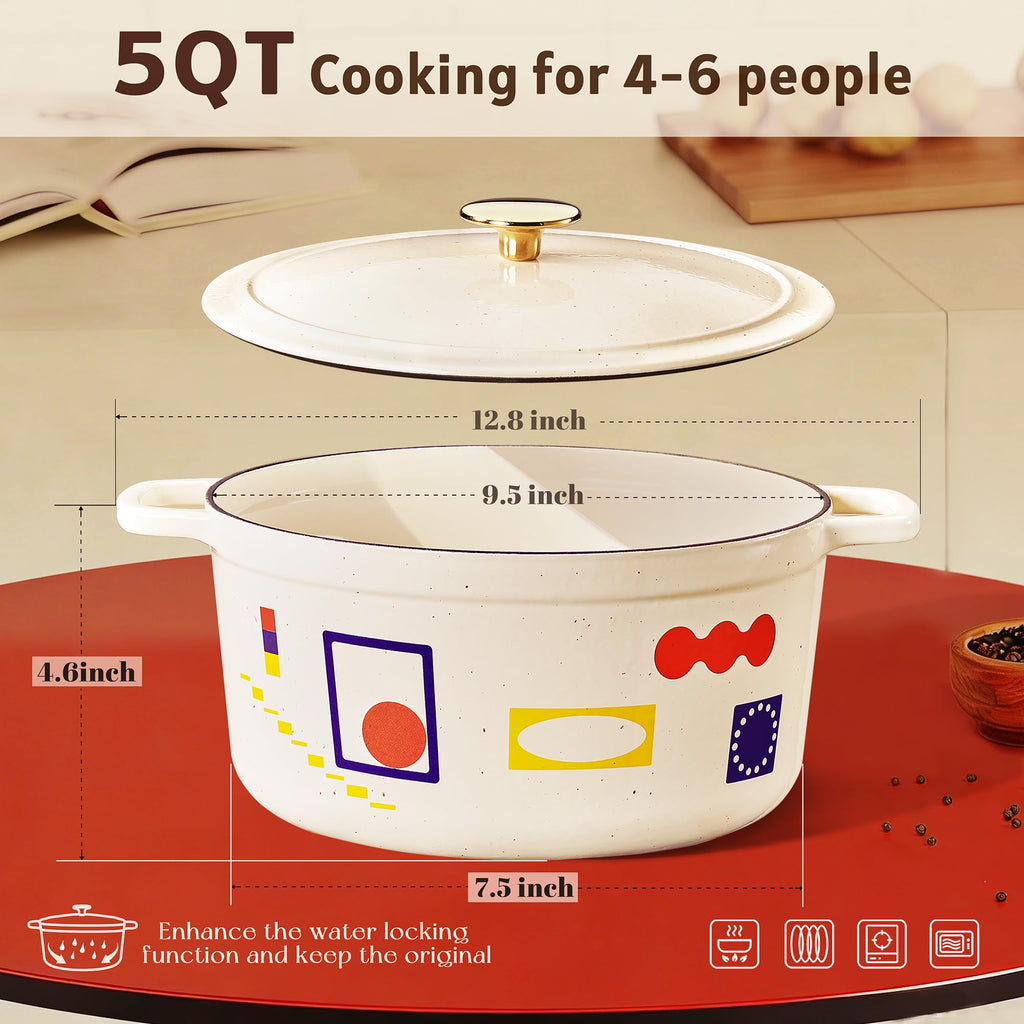 CAROTE 5 QT Cast Iron Dutch Oven Pot with Lid, Enameled Floral Dutch Ovens with Cotton Potholders & Oven Gloves, Gift Box, Cast Iron Pot for Sourdough Bread Baking, Braising, Stews, Roasting, Dual Handles, All Stovetop Compatible, Oven Safe up to 500° F,