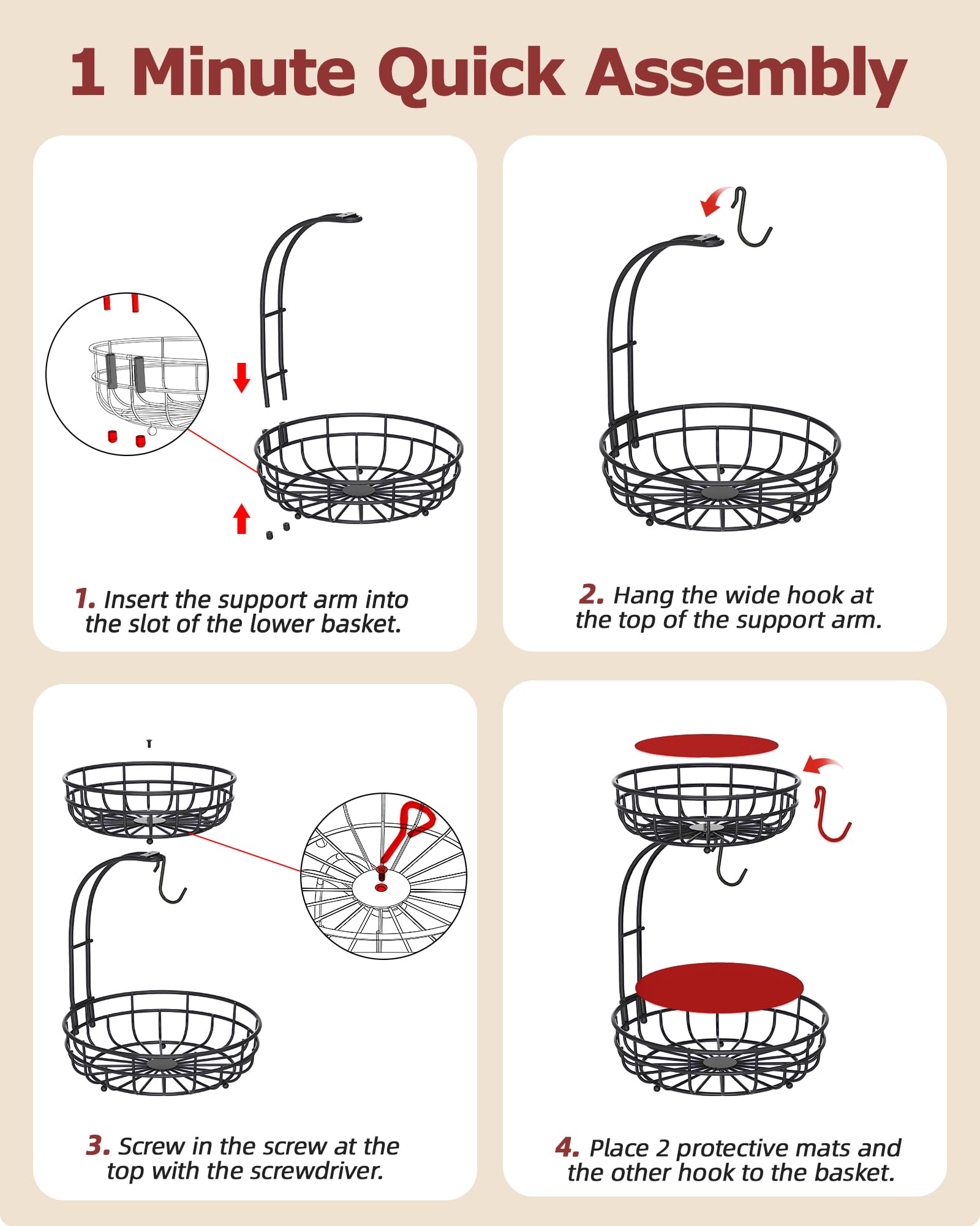 2 Tier Large Fruit Basket for Kitchen Counter with Removable Banana Hanger - Sturdy Iron Fruit Bowl for Kitchen Counter and Vegetable Holder, Fruit Holder for Kitchen Countertop, Black