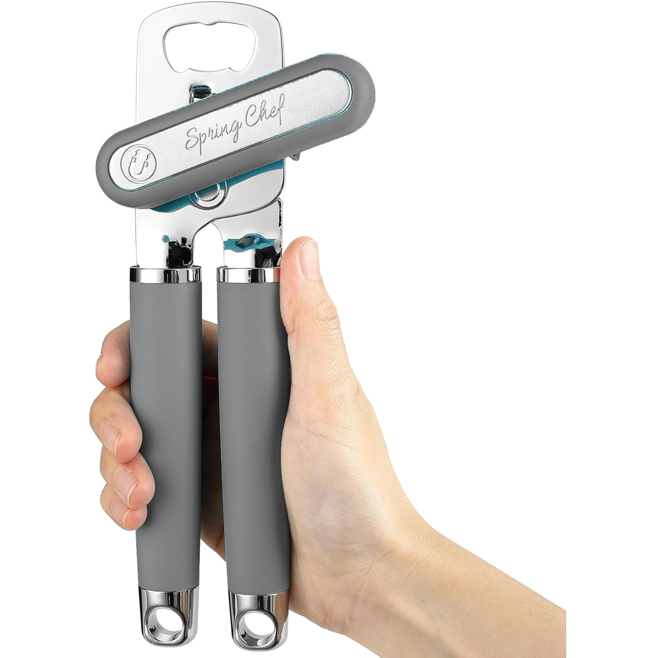 Spring Chef Stainless Steel Can Opener - Manual with Soft Grip Handles, Easy Turn, Heavy Duty Hand Can Openers for Seniors with Smooth Edge - Magnetic Lid Remover - Black