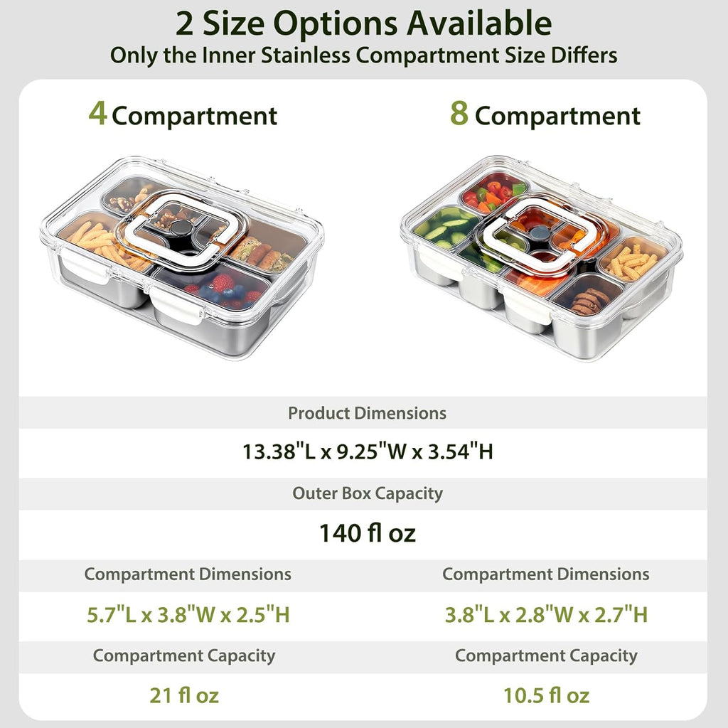 Snackle Box Container, Stainless Steel Divided Serving Tray with Lid and Handle, 8 Compartment Portable Snack Platters - Clear Storage Organizer for Fruit Candy Nuts Veggie - Perfect for Travel Party