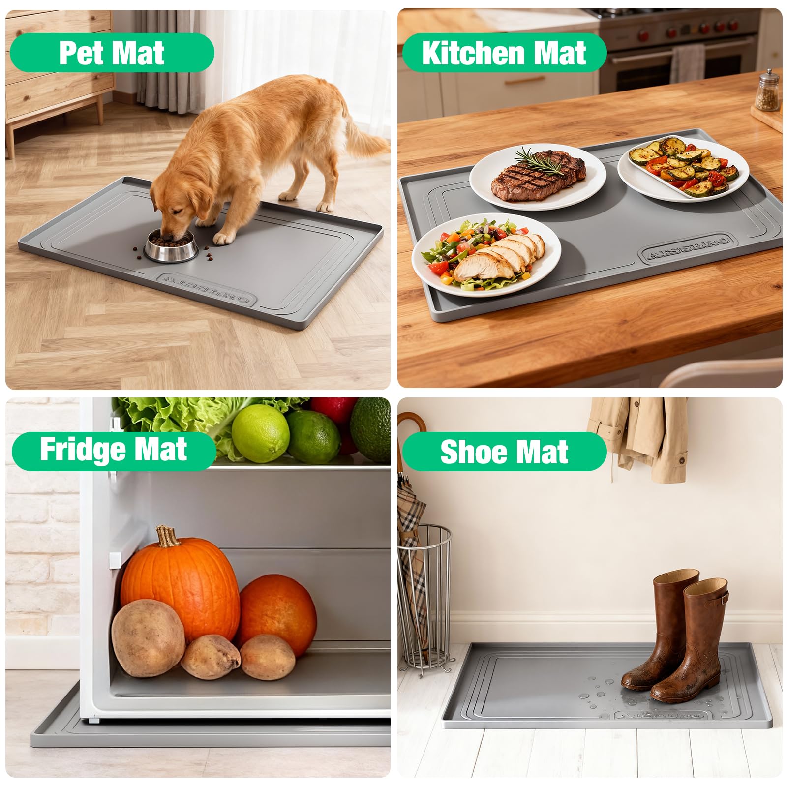 Aisslro Under Sink Mat 22" X 19", Waterproof Silicone Cabinet Protector with Raised Edge, Kitchen & Bathroom Leak Tray, Shelf Liner & Pet Feeding Mat for Dog Cat Food Mats, Light Gray