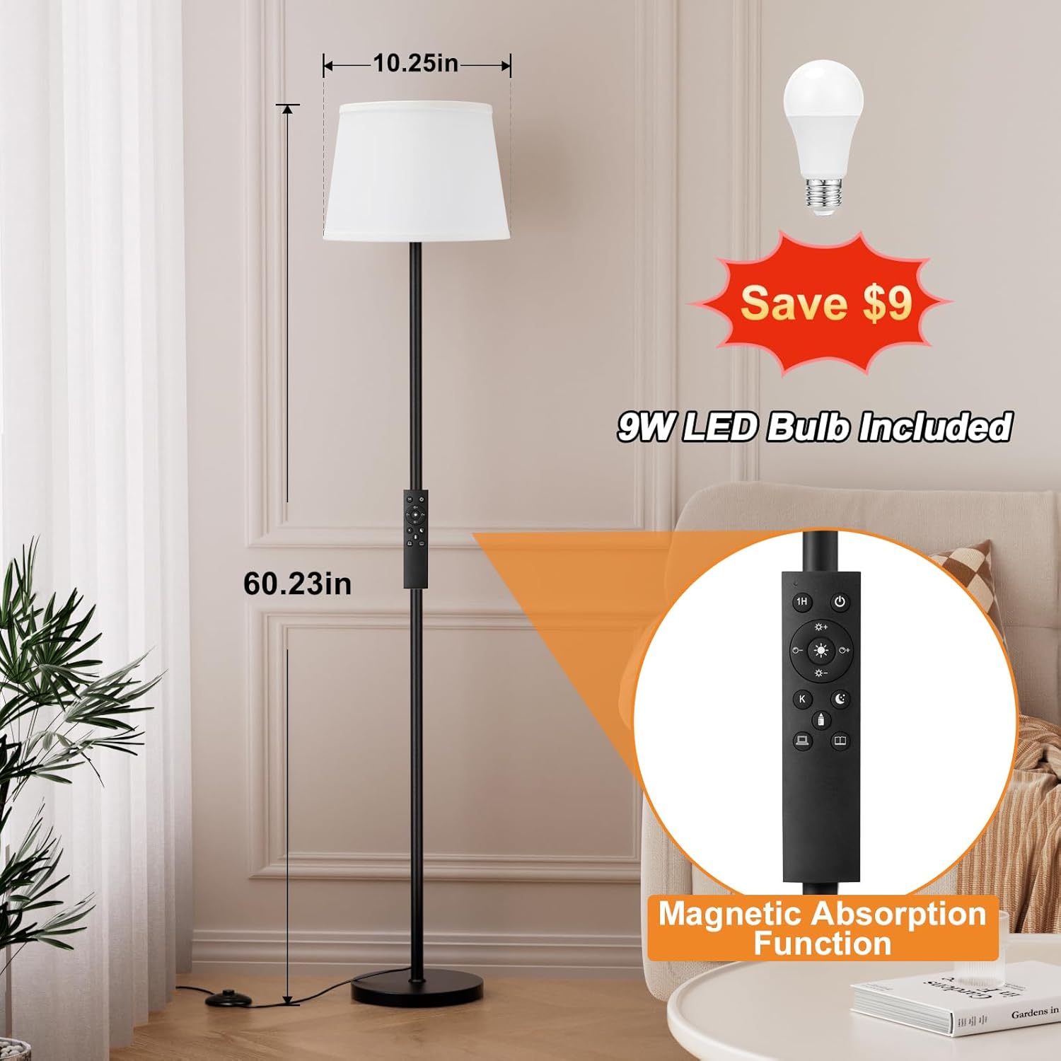 Upgraded Floor Lamps for Living Room White Shade and Beige Shade, Modern Floor Lamp with Remote Control, Dimmable Colors Temperature Standing Lamp Tall Lamps for Bedroom Office Kid Room(9W Bulb)