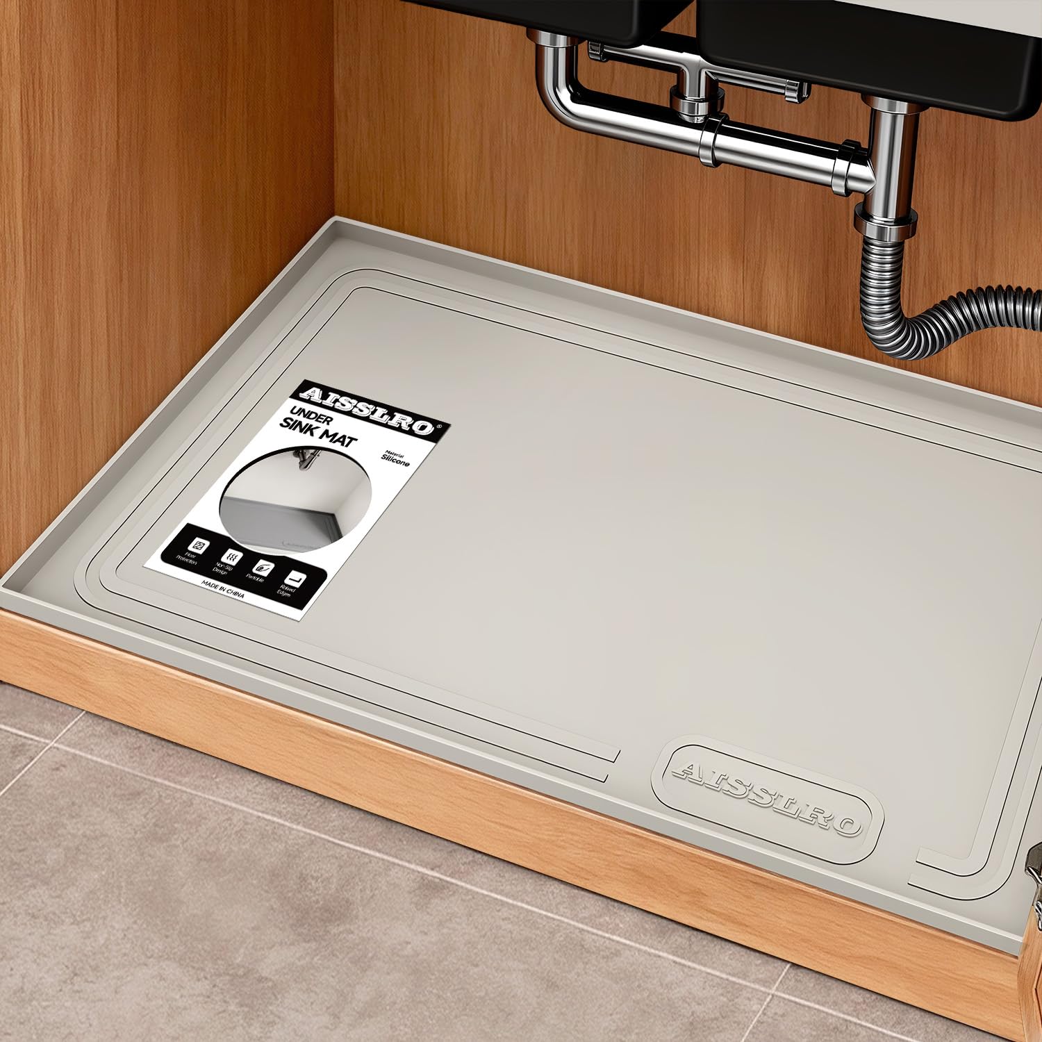 Aisslro Under Sink Mat 22" X 19", Waterproof Silicone Cabinet Protector with Raised Edge, Kitchen & Bathroom Leak Tray, Shelf Liner & Pet Feeding Mat for Dog Cat Food Mats, Light Gray