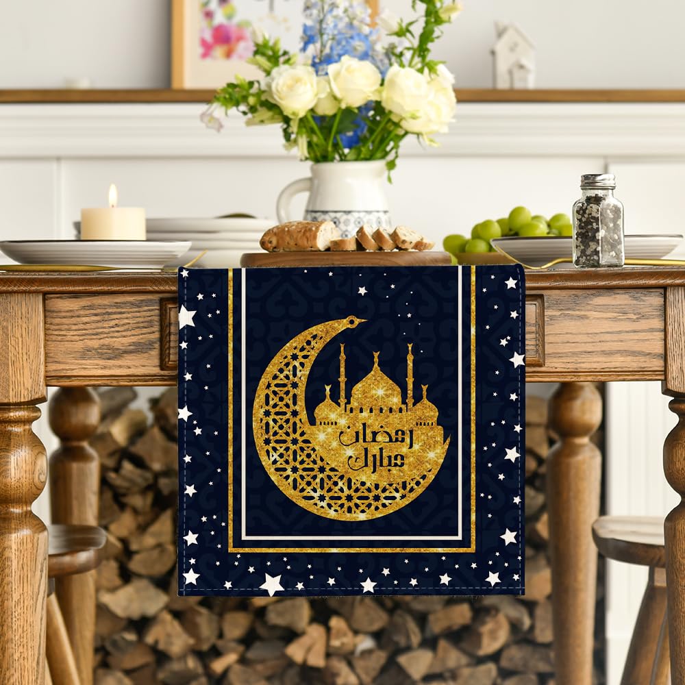 Artoid Mode Black Moon Star Gloden Ramadan Table Runner, Seasonal Summer Holiday Kitchen Dining Table Decoration for Home Party Decor 13 x 72 Inch