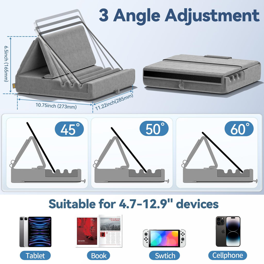 KDD Tablet Pillow Holder, Foldable iPad Stand for Lap, Bed and Desk -Tablet Soft Pad Dock with Pocket & Stylus Mount Compatible with iPad Pro 12.9, 10.5, 9.7 Air Mini 6 5 4 3, Galaxy Tab,E-Reader