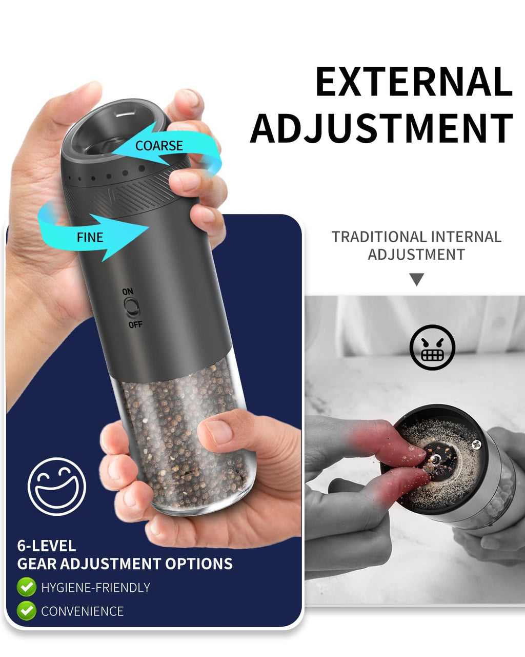 CIRCLE JOY Rechargeable Salt and Pepper Grinder Set Gravity Electric Salt and Pepper Grinder Set, LED Light, Adjustable Coarseness, for Home Kitchen BBQ, Black & White