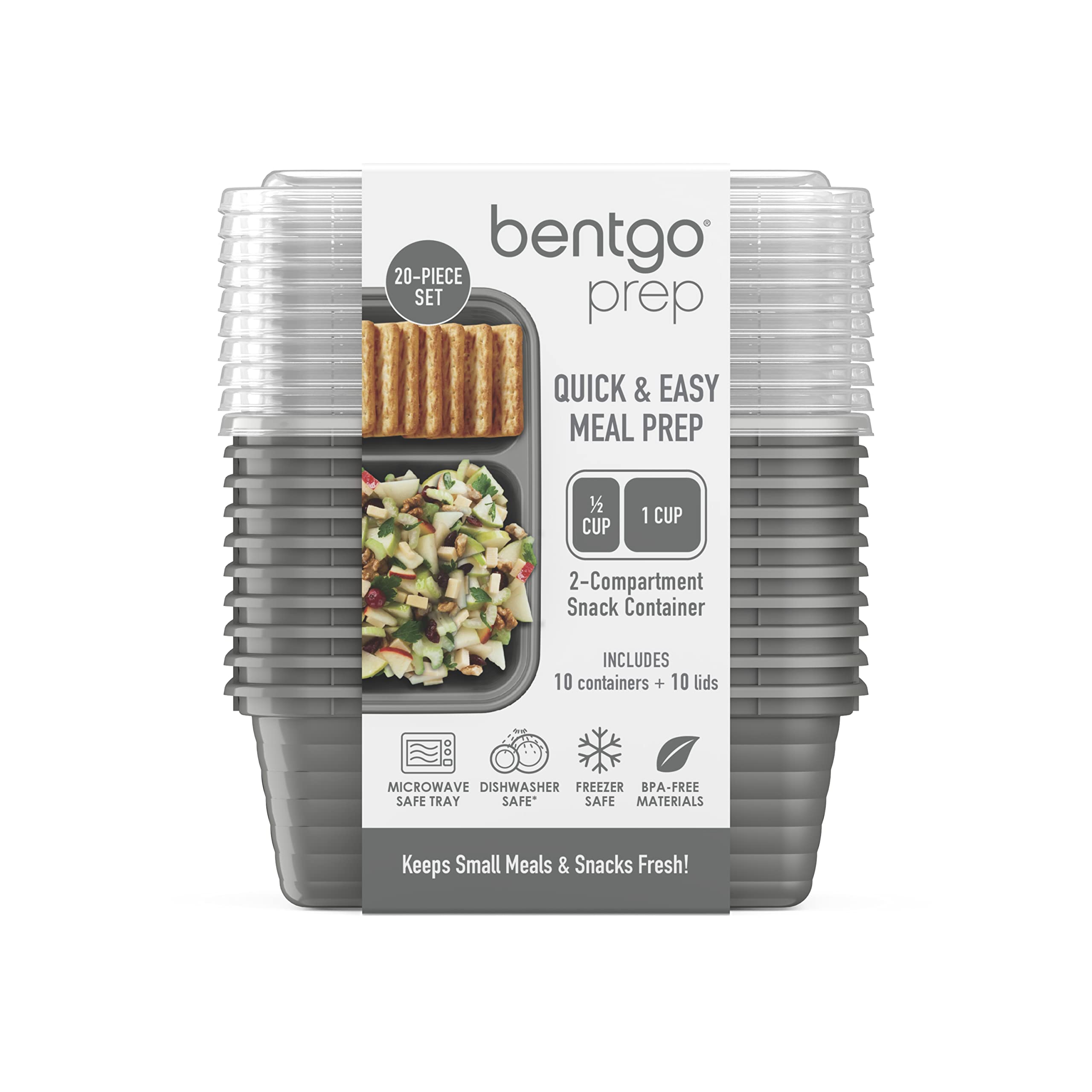 Bentgo Prep - 2-Compartment Snack Containers with Lids - Reusable, Microwaveable, Durable, PFAS & BPA-Free, Freezer, & Dishwasher-Safe Meal Prep Food Storage - 10 Trays & 10 Lids (Basil Glitter)