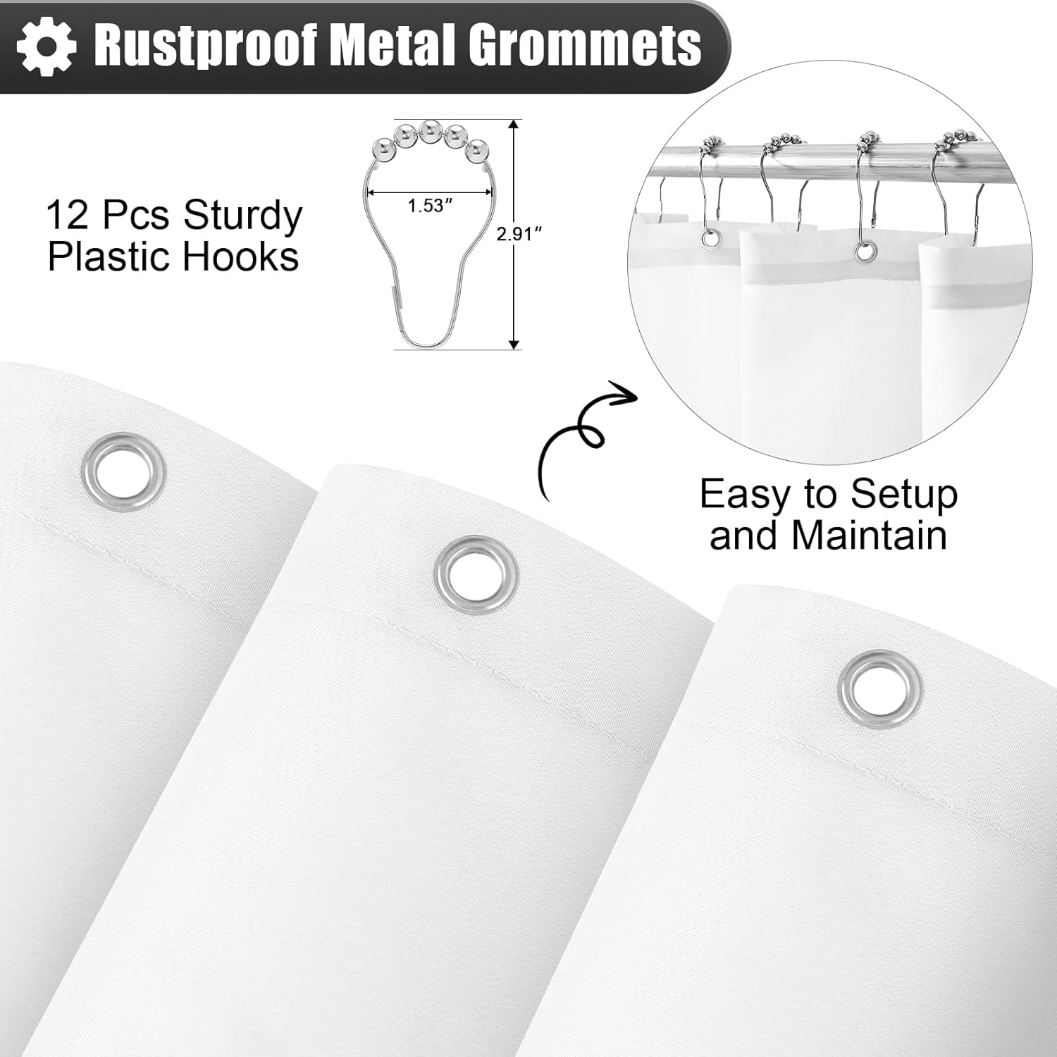 OLANLY Luxury Black and Grey Ombre Shower Curtain Sets with 12 Hooks, Waterproof and Washable Decorative Shower Curtains for Bathroom, 72x72 Inches