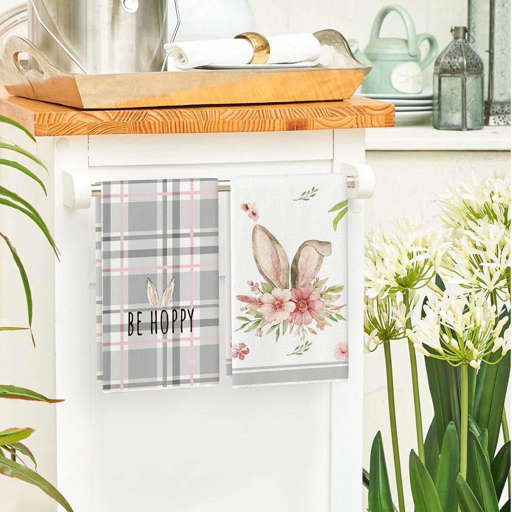 Artoid Mode Pink Bunny Rabbit Ears Floral Leaves Easter Kitchen Towels Dish Towels, 18x26 Inch Be Kind Seasonal Decoration Hand Towels Set of 4