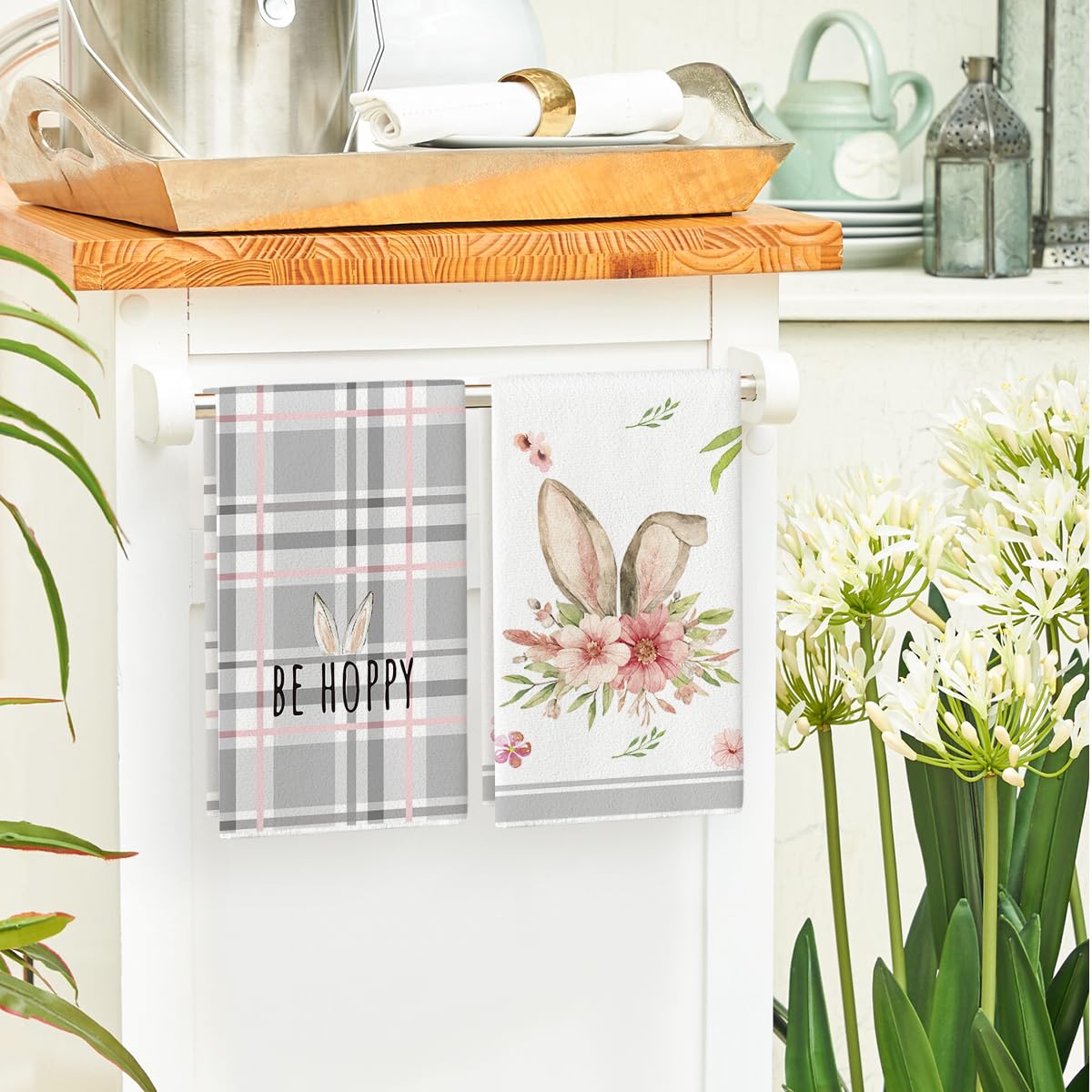 Artoid Mode Pink Bunny Rabbit Ears Floral Leaves Easter Kitchen Towels Dish Towels, 18x26 Inch Be Kind Seasonal Decoration Hand Towels Set of 4