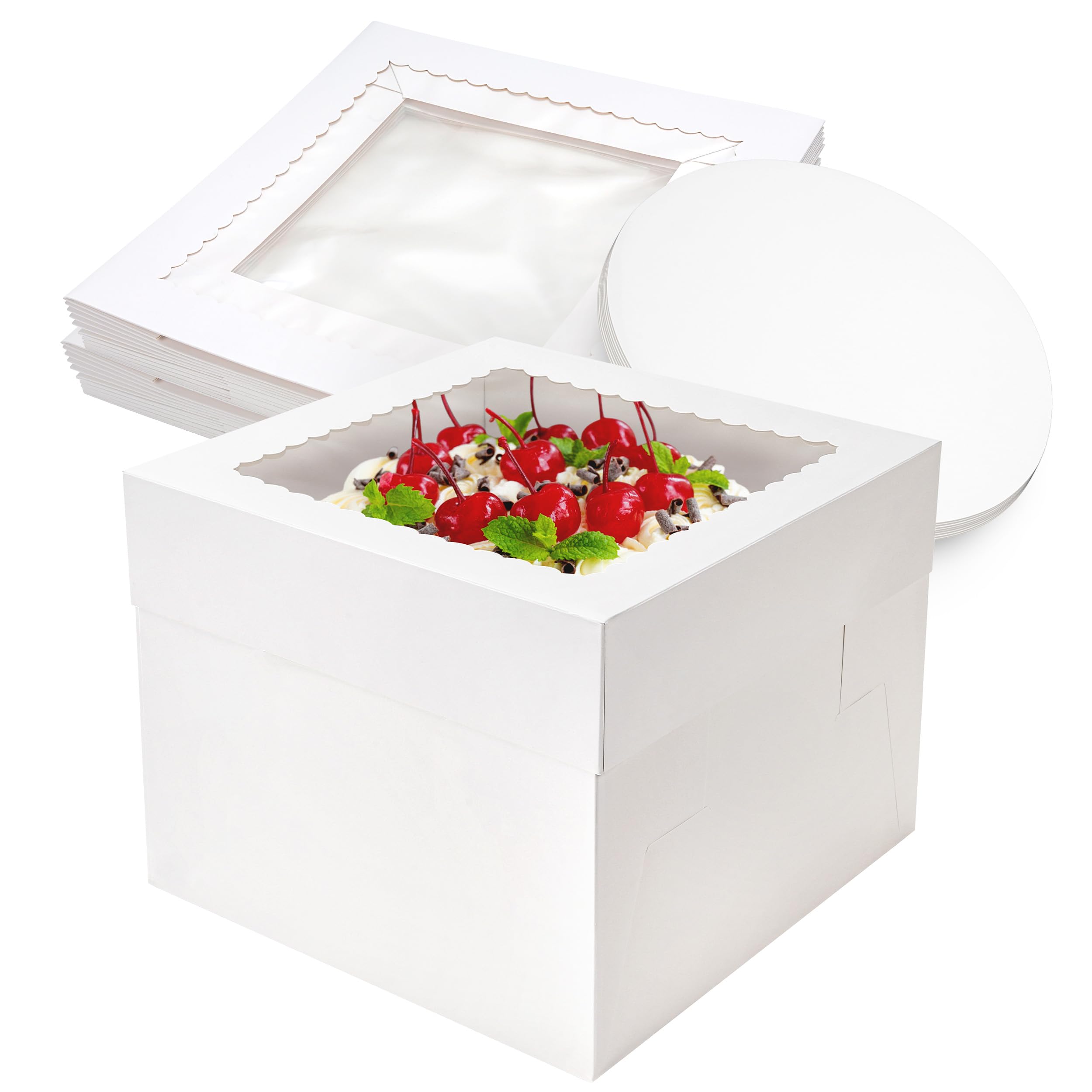 Cake Boxes 10×10×8 inch White Tall Cake Boxes with Window Cajas Para Pasteles for Cakes, Pies, Pastries, Birthday, Party (2 Pack)