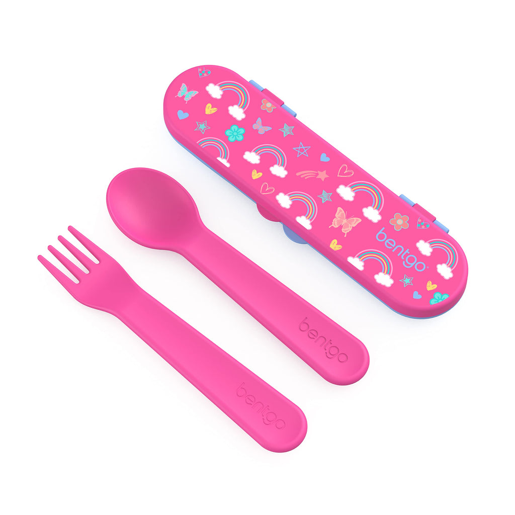 Bentgo Kids Utensil Set - Reusable Plastic Fork, Spoon & Storage Case BPA-Free Materials, Easy-Grip Handles, Dishwasher Safe Ideal for School Lunch, Travel, Outdoors (Rainbows and Butterflies)