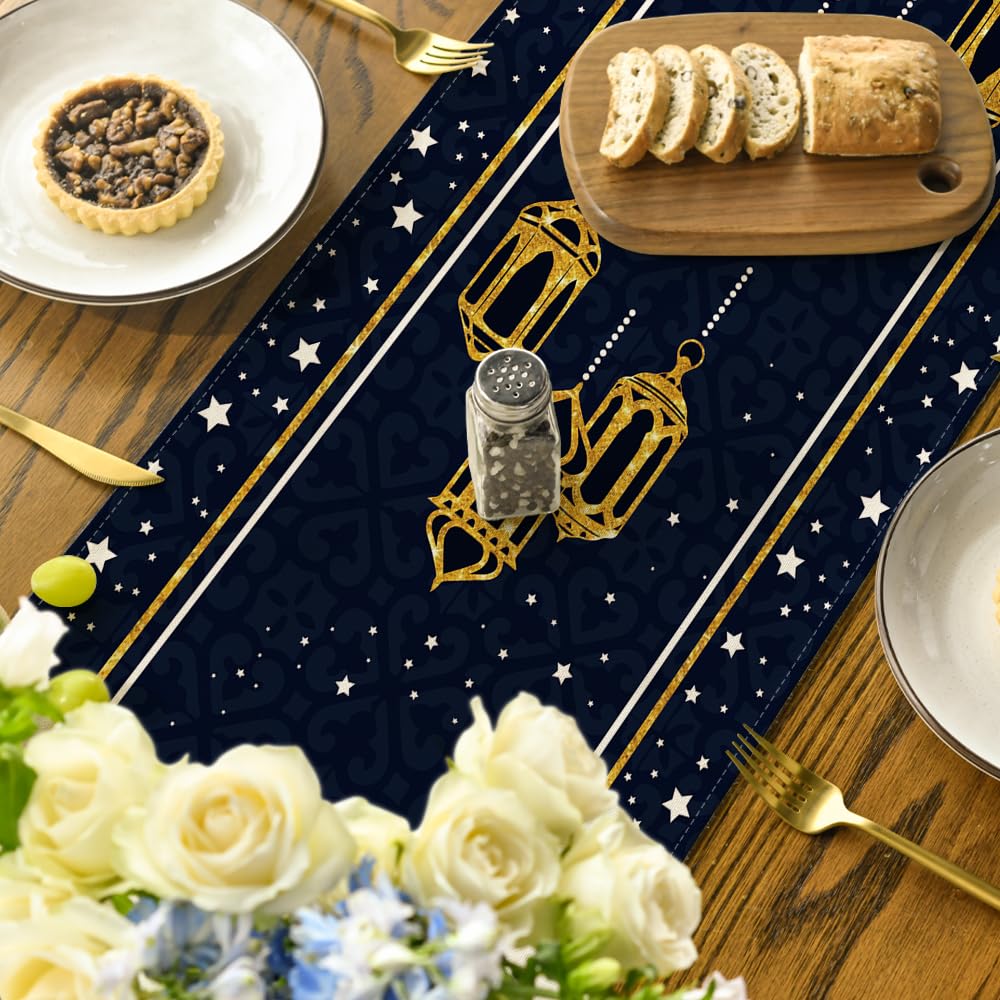 Artoid Mode Black Moon Star Gloden Ramadan Table Runner, Seasonal Summer Holiday Kitchen Dining Table Decoration for Home Party Decor 13 x 72 Inch