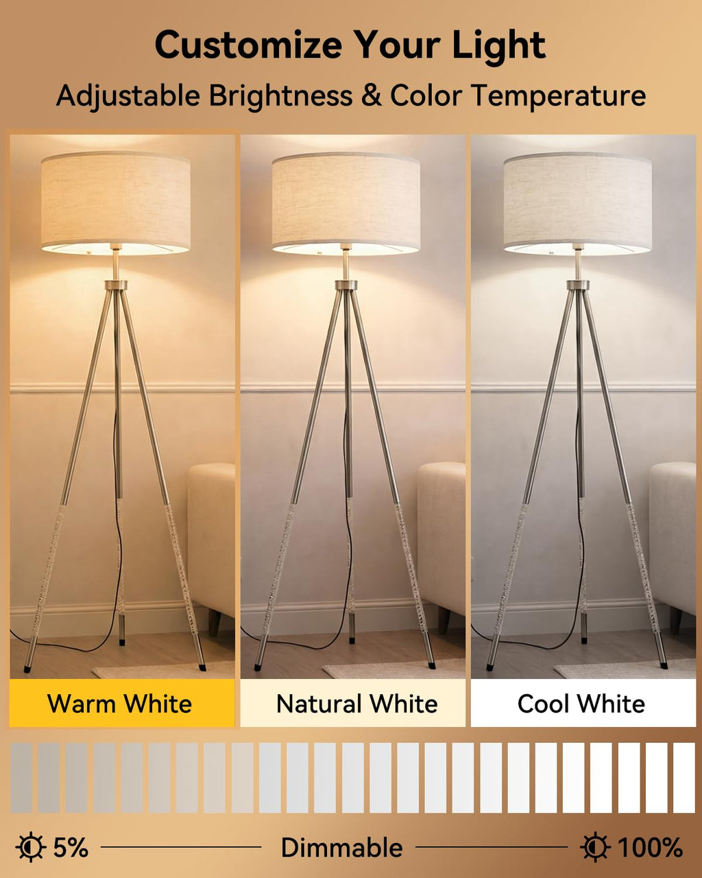 JOOFO Tripod Floor Lamp with Fabric Shade, Crystal-Style Acrylic & Metal Pole Design, Stepless Dimmable Standing Floor Lamp with Remote Control, Mid-Century Style for Living Room Bedroom,Satin Nickel