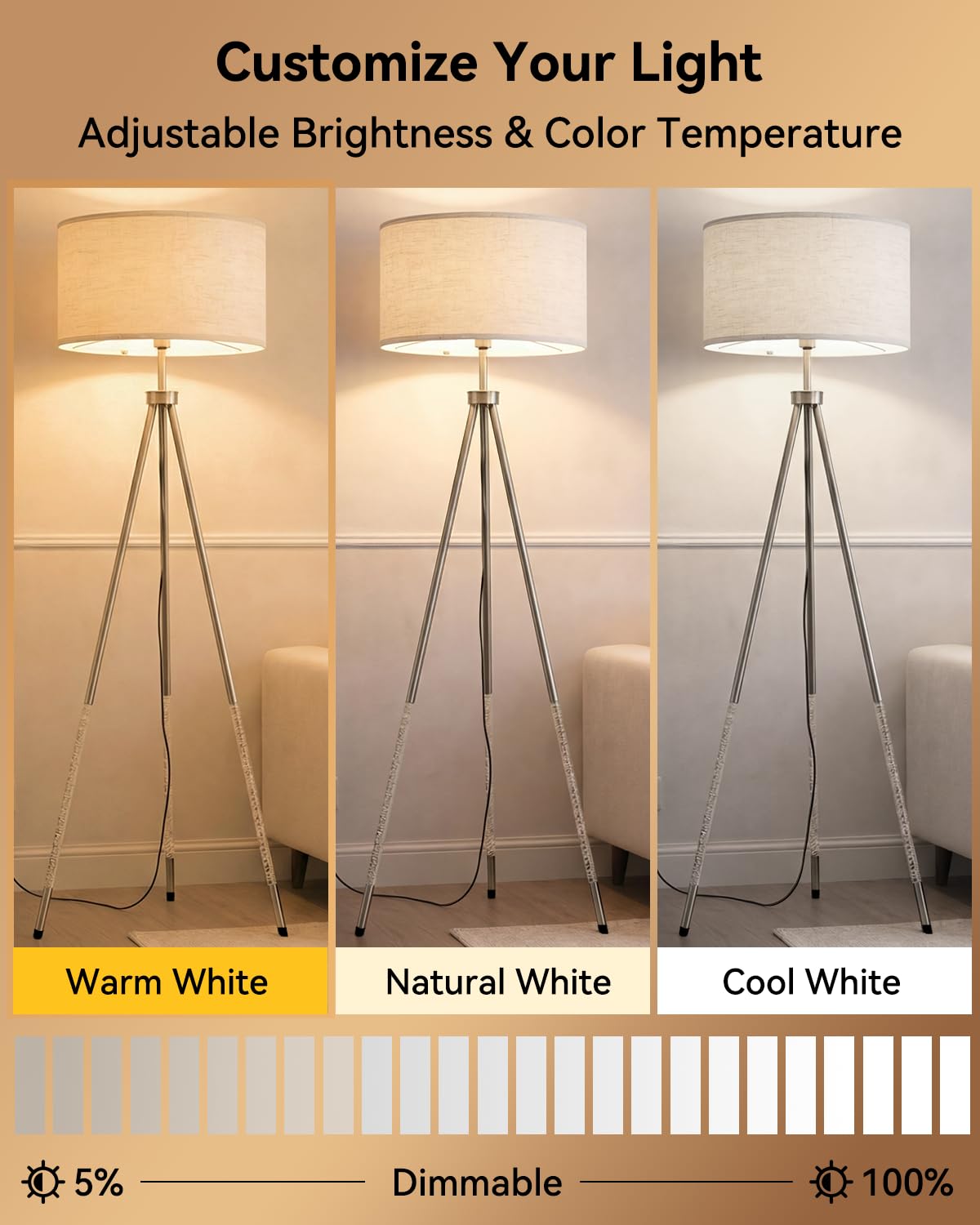 JOOFO Tripod Floor Lamp with Fabric Shade, Crystal-Style Acrylic & Metal Pole Design, Stepless Dimmable Standing Floor Lamp with Remote Control, Mid-Century Style for Living Room Bedroom,Satin Nickel