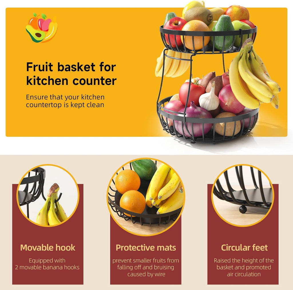 2 Tier Fruit Basket for Kitchen Counter with 2 Banana Hangers, 2 Packe of Under Sink Organizers with Hooks Hanging Cup for Kitchen and Bathroom