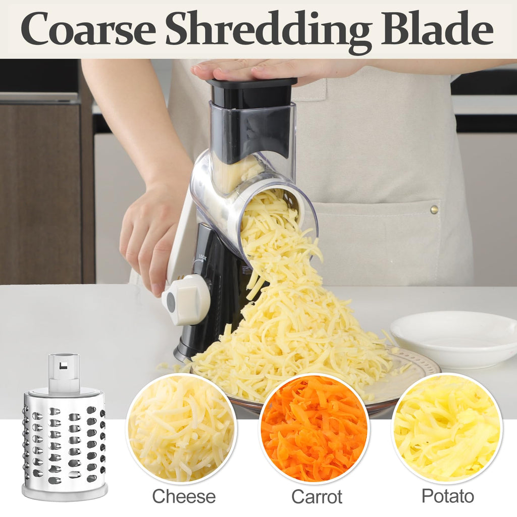 Cambom 5 in 1 Rotary Cheese Grater Hand Crank Cheese Shredder for Fresh Cheese, Vegetable, Nuts,Non-slip Suction Base, Black
