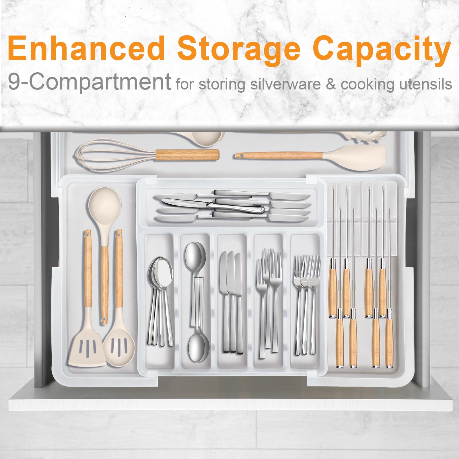 Homecor Silverware Organizer - Expandable Large Kitchen Drawer Organizer Utensil Organizer with 2 Removable Knife Blocks, 22"x 19"Cutlery Tray Drawer Dividers for Kitchen Flatware(6-9 Slots) (Black)