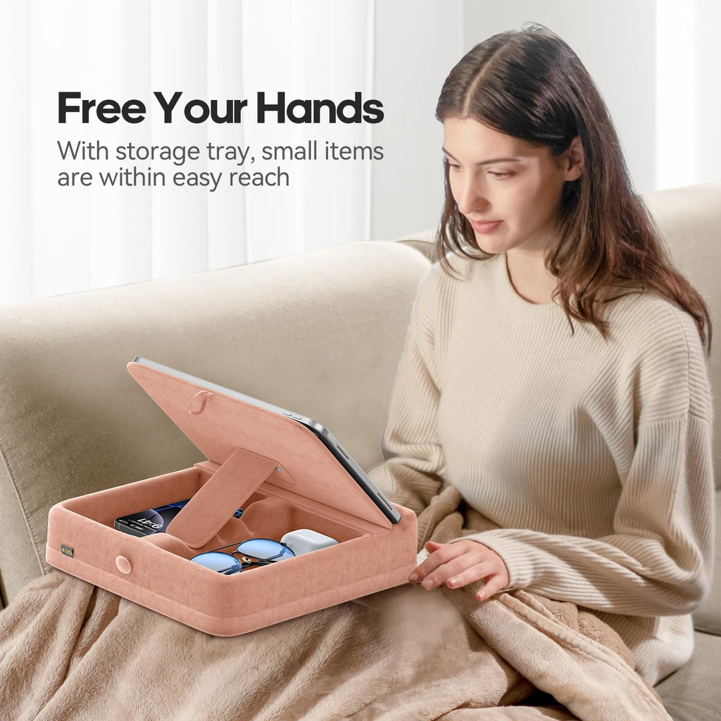 KDD Tablet Pillow Stand with Storage, Foldable iPad Holder for Bed, Lap and Desk, Angle Adjustable Soft Pad Dock with Stylus Mount Compatible with Ipad Pro 12.9, 10.5, 11, Air, Mini, Phones, Books