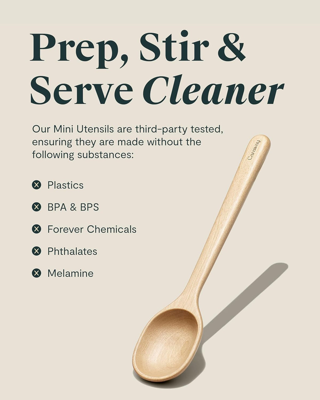 Caraway 4-Piece Mini Wooden Kitchen Utensils Set for Cooking, Serving, and Plating - Includes Mini Spoon, Scraper, Spatula, and Tongs