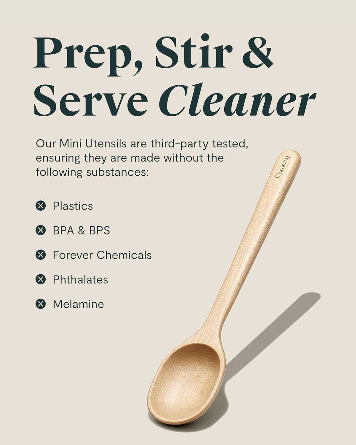 Caraway 4-Piece Mini Wooden Kitchen Utensils Set for Cooking, Serving, and Plating - Includes Mini Spoon, Scraper, Spatula, and Tongs