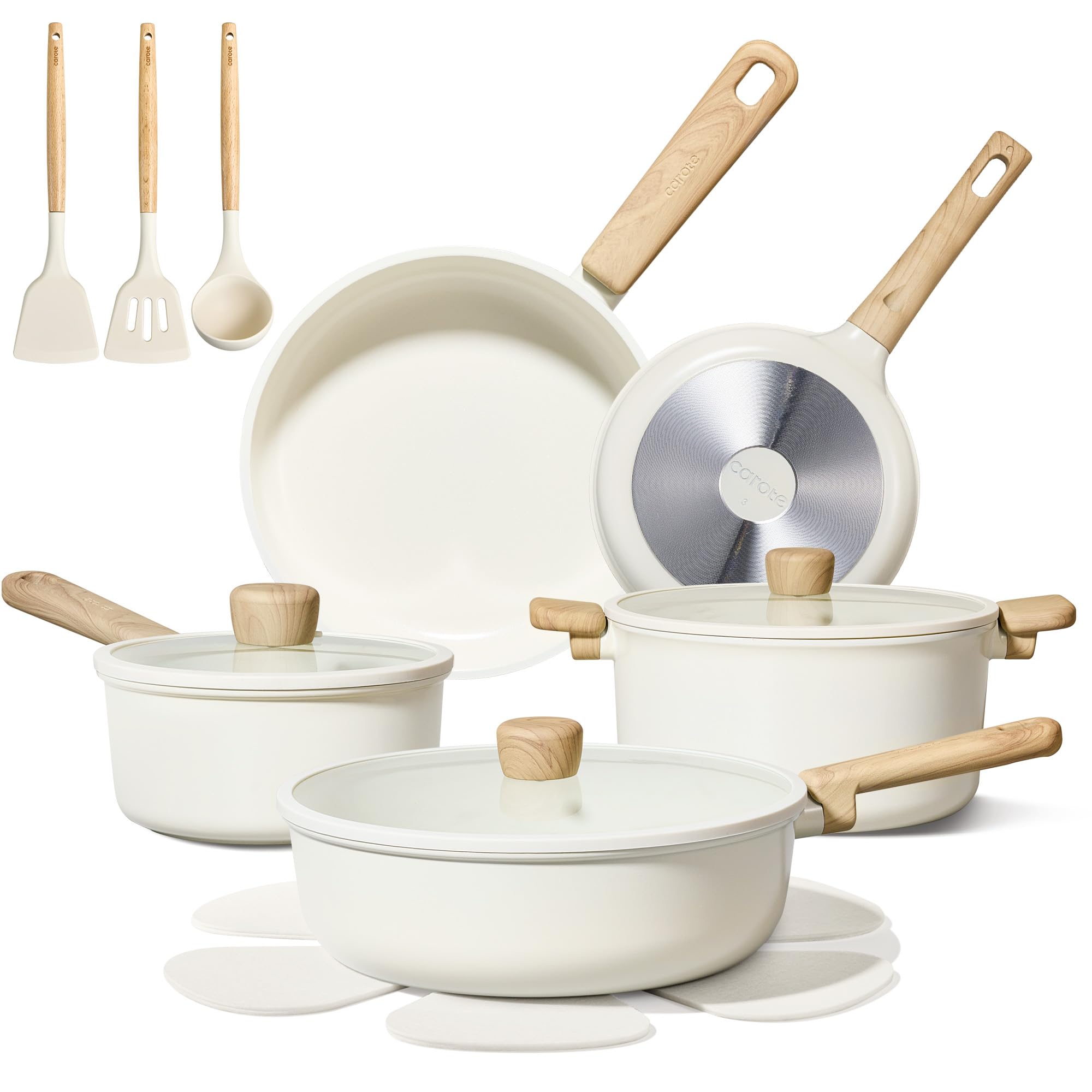 CAROTE 12Pcs Ceramic Pots and Pans Set Non Stick, Healthy Cookware Set, PFAS/PFOA Free, Kitchen Cooking Set with Frying Pans, Taupe