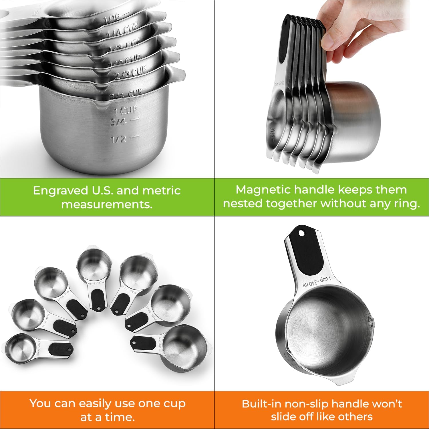 Spring Chef Magnetic Stainless Steel Measuring Cups, Patented, Kitchen Tools with Easy to Read Markings for Measuring Dry or Liquid Ingredients, Set of 7, Black