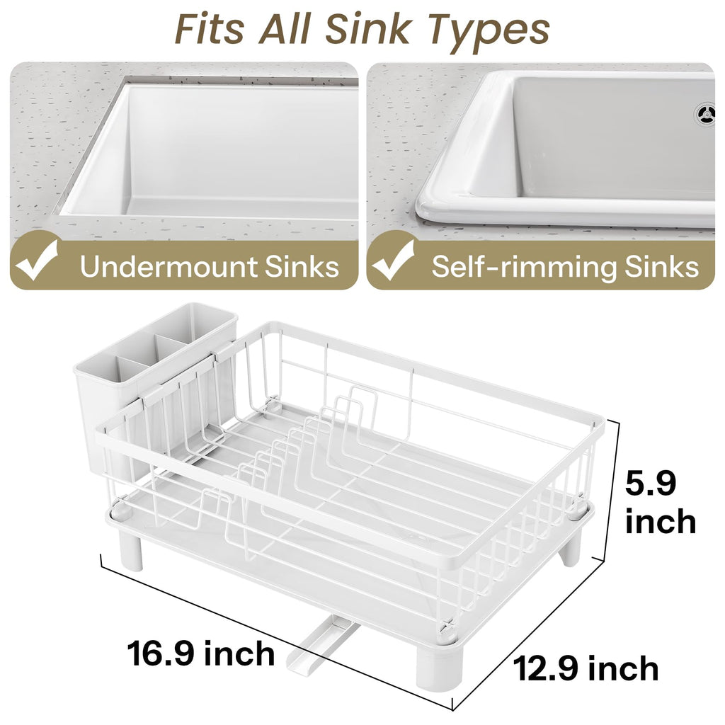 SNTD Dish Drying Rack - Small Dish Rack for Kitchen Counter, Stainless Steel Dish Drainer with Utensil Holder and Drainboard, 11" W x 15" L (Black)