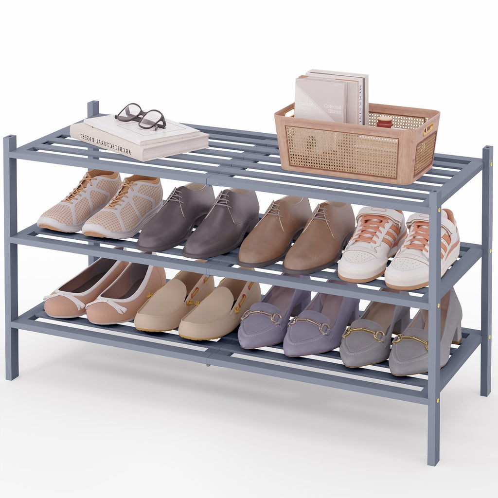 Smiry Bamboo Shoe Rack 3-Tier, Stackable Wooden Shoe Organizer for Entryway & Closet, Free Standing Wood Shoe Storage Shelf for Front Door & Small Spaces, Natural