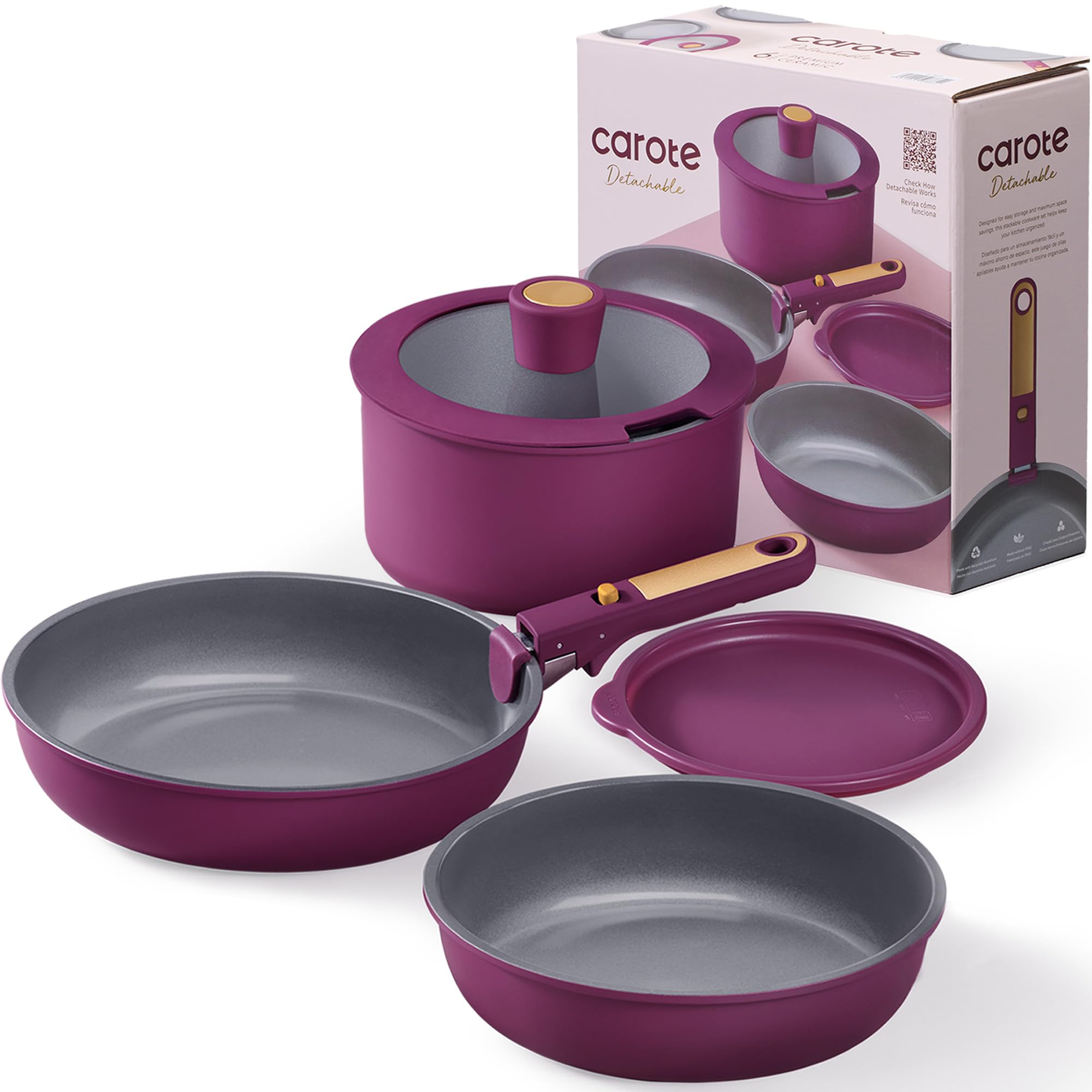 CAROTE 21pcs Pots and Pans Set, Nonstick Cookware Set Detachable Handle, Induction Kitchen Cookware Sets Non Stick with Removable Handle, RV Cookware Set, Gold and Purple