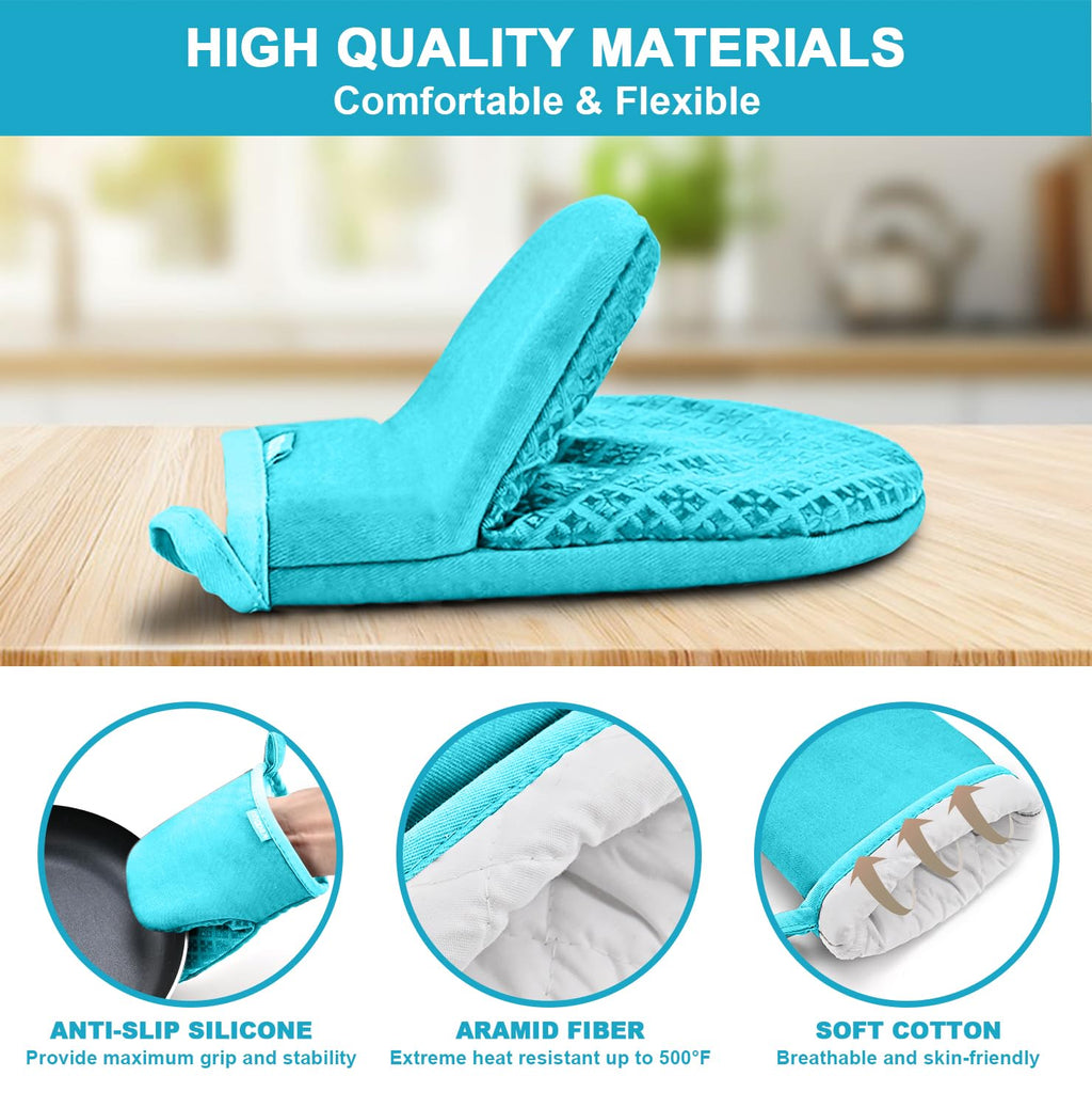 Mini Oven Mitts Heat Resistant Gloves,Silicone Oven Mitts Designed for Air Fryer/Microwave/Oven, Easy Food Handling,Cute Oven Mitt Heat Resistant Up to 500℉, for Adults & Kids，Blue