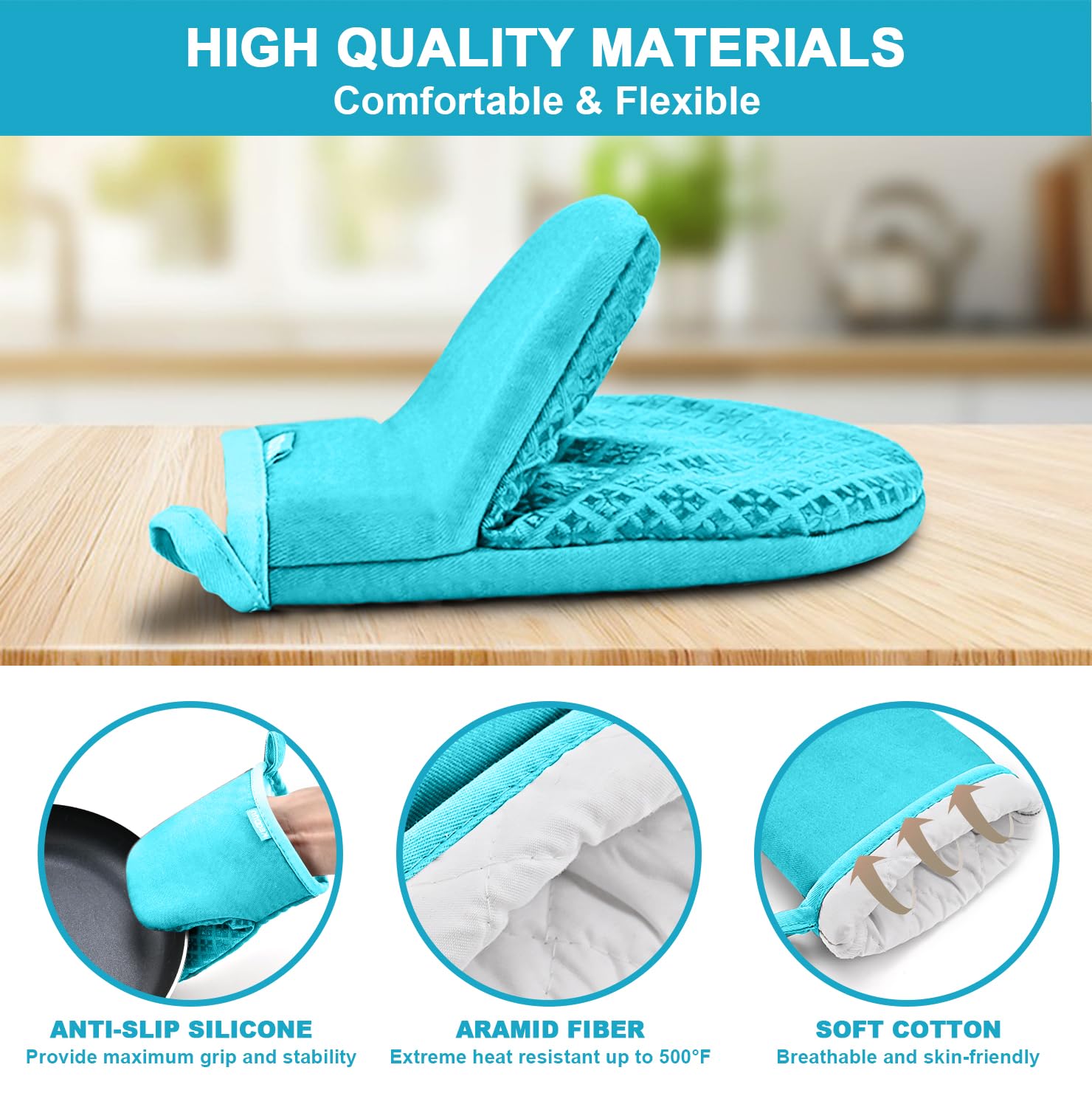 Mini Oven Mitts Heat Resistant Gloves,Silicone Oven Mitts Designed for Air Fryer/Microwave/Oven, Easy Food Handling,Cute Oven Mitt Heat Resistant Up to 500℉, for Adults & Kids，Blue