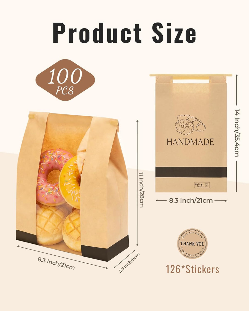 100Pcs Paper Bread Bags for Homemade Bread, 14 x 8.3 x 3.5 Inch Sourdough Bags with Tin Tie Tab Lock, Large Bread Storage Bags, Includes 126 Cute Seal Stickers