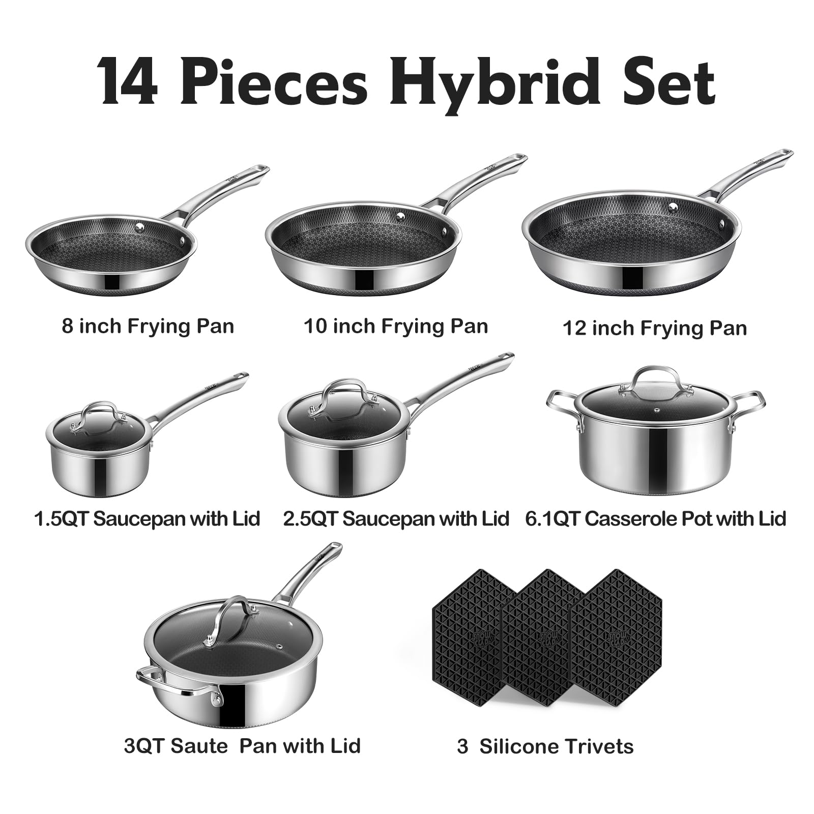 SNOWCLAD Pots and Pans Set Non Stick, 10 Pcs Hybrid Stainless Steel Cookware Sets, Non Stick Frying Pans, Saucepans, Saute Pan & Stock Pot, PFOA Free Kitchen Skillet,Induction Compatible