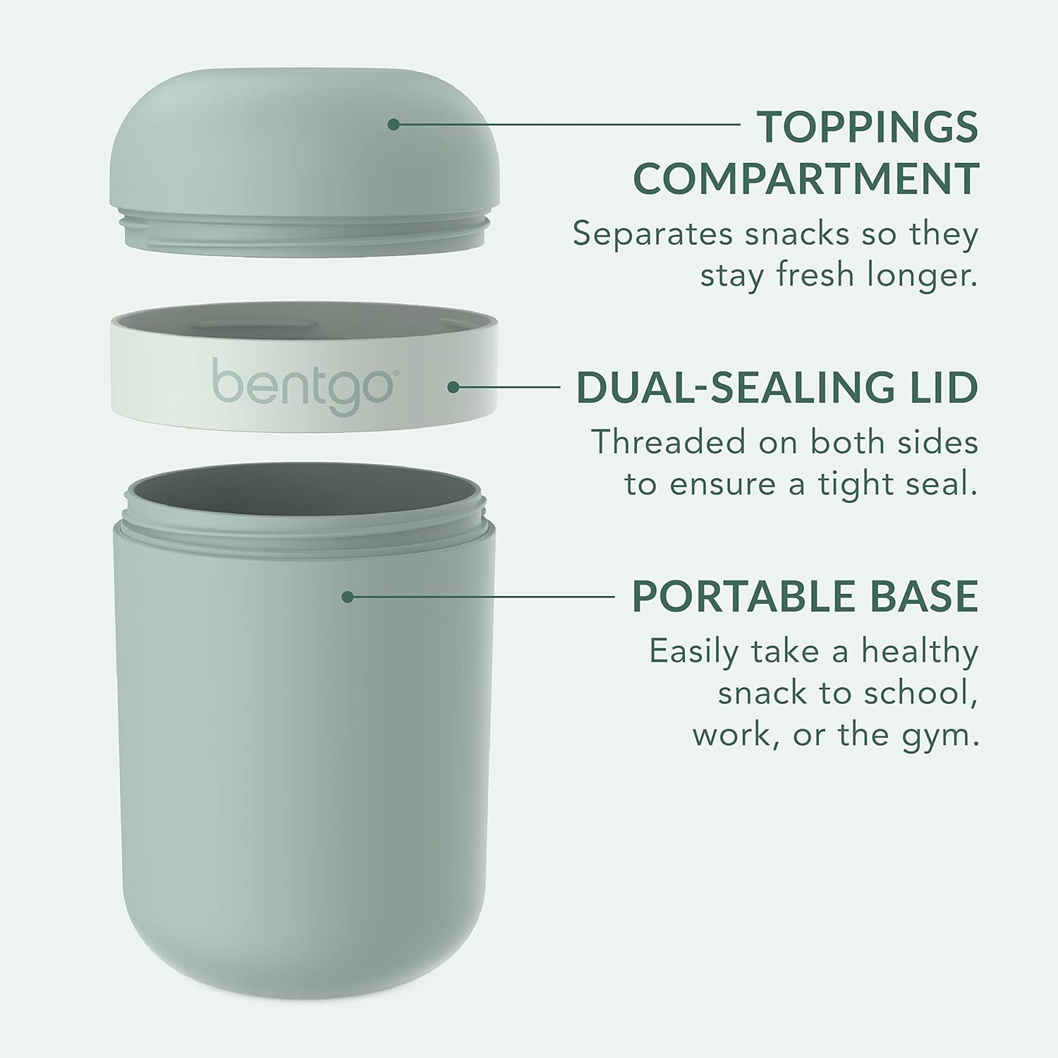 Bentgo Snack Cup - Reusable Snack Container with Leak-Proof Design, Toppings Compartment, and Dual-Sealing Lid, Portable & Lightweight for Work, Travel, Gym - Dishwasher Safe (Mint Green)