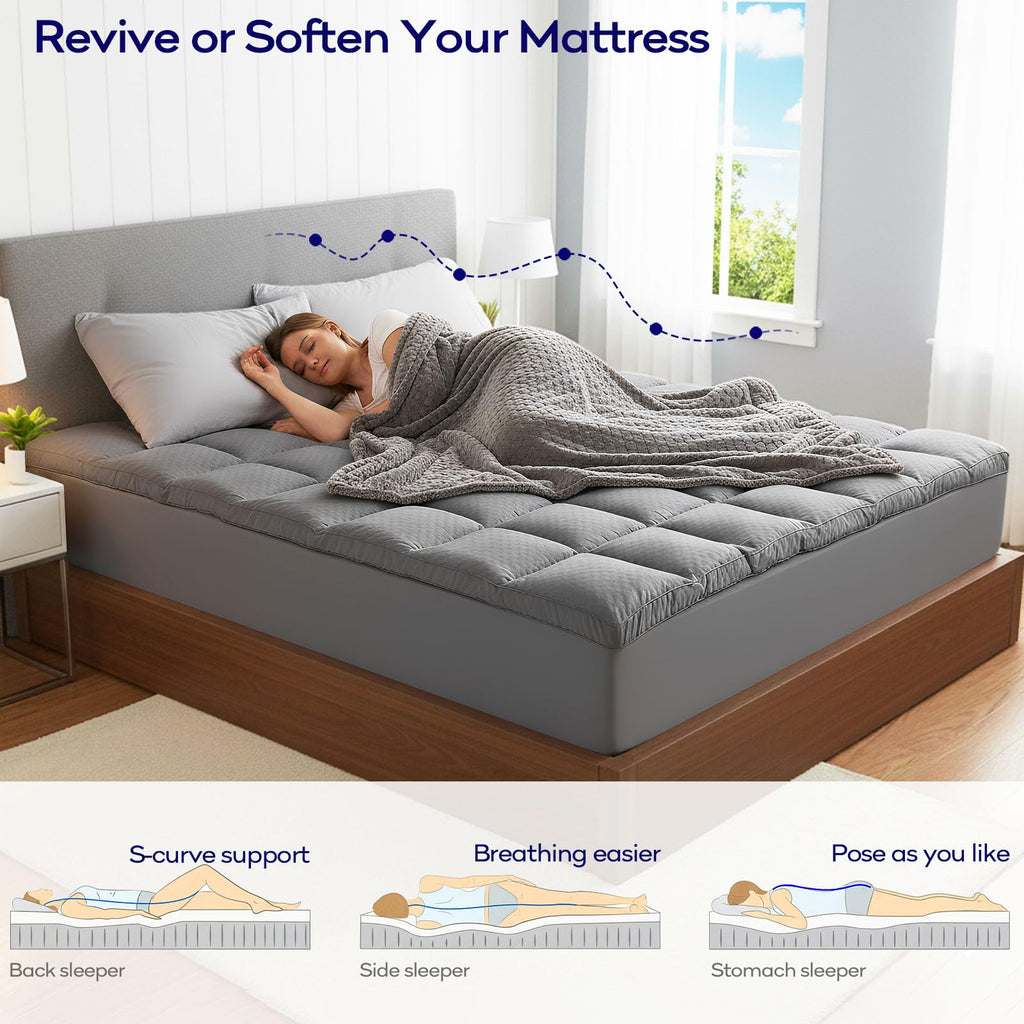 OLANLY Dual-Layer 4 Inch Queen Size Memory Foam Mattress Topper for Back Pain, 2 Inch Cooling Pillow Top Mattress Pad Cover and 2 Inch Gel Memory Foam Topper, Deep Elastic Pocket, Grey