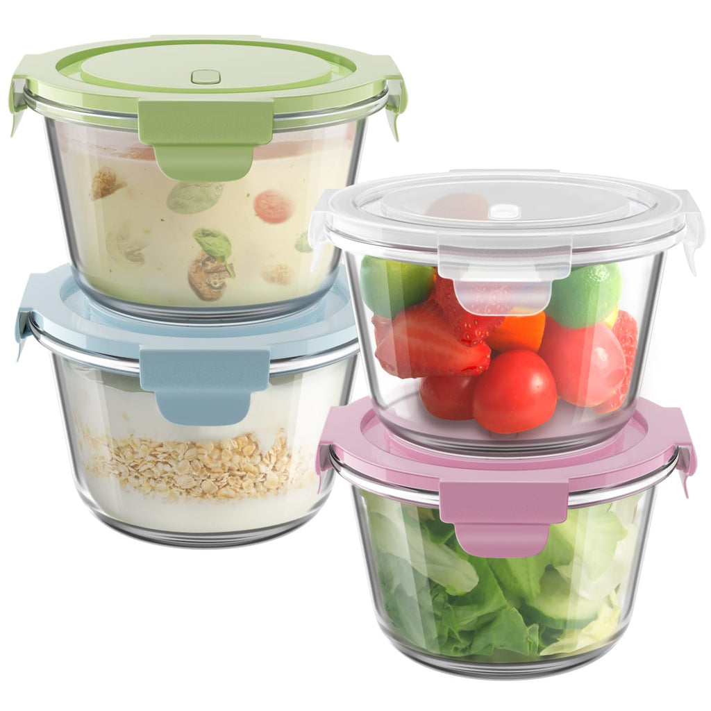 16oz Glass Meal Prep Containers, Airtight 2 Cup Glass Storage Containers with Lids, Heat-Resistant BPA-Free Borosilicate Glass Soup Container for Leftover, Microwave, Dishwasher&Freezer Safe (4 Packs)