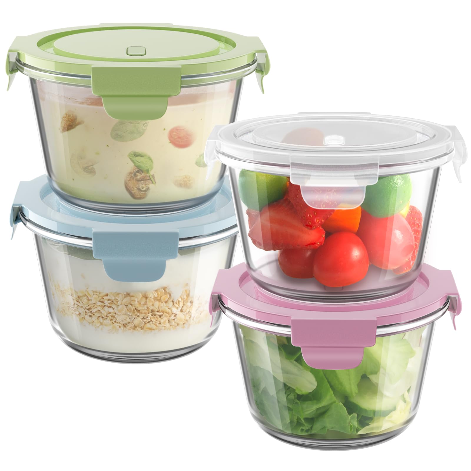 16oz Glass Meal Prep Containers, Airtight 2 Cup Glass Storage Containers with Lids, Heat-Resistant BPA-Free Borosilicate Glass Soup Container for Leftover, Microwave, Dishwasher&Freezer Safe (4 Packs)