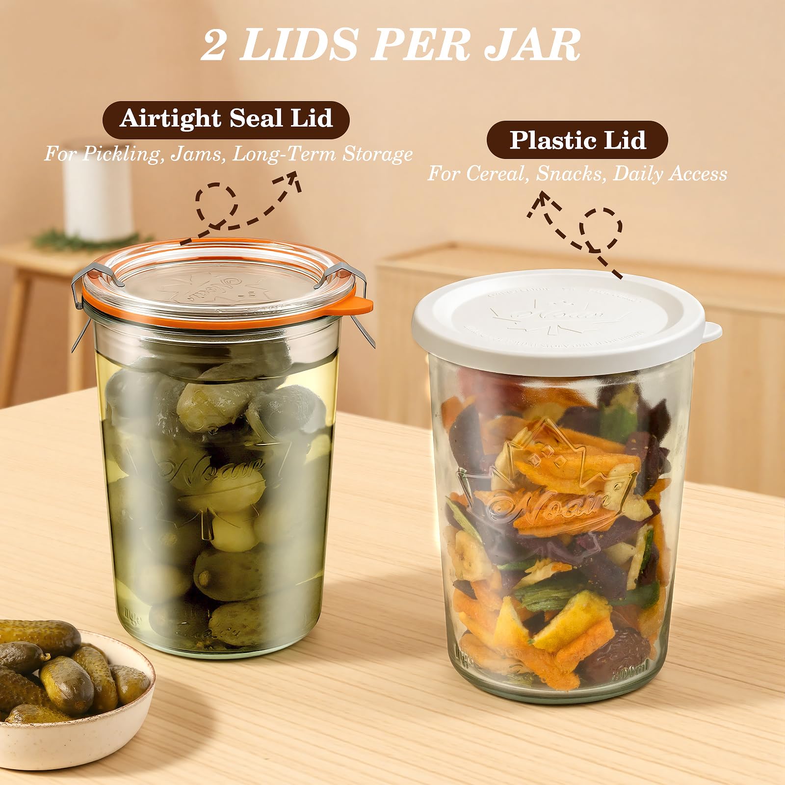 Freshmage Canning Jars 27 oz 2 Pack, Sourdough Starter Jars with 2 Lids Per Jar (Glass Sealing Lid & Plastic Lid), 800ML Wide Mouth Airtight Glass Storage Containers for Pickles, Yogurt, Pasta, Cereal