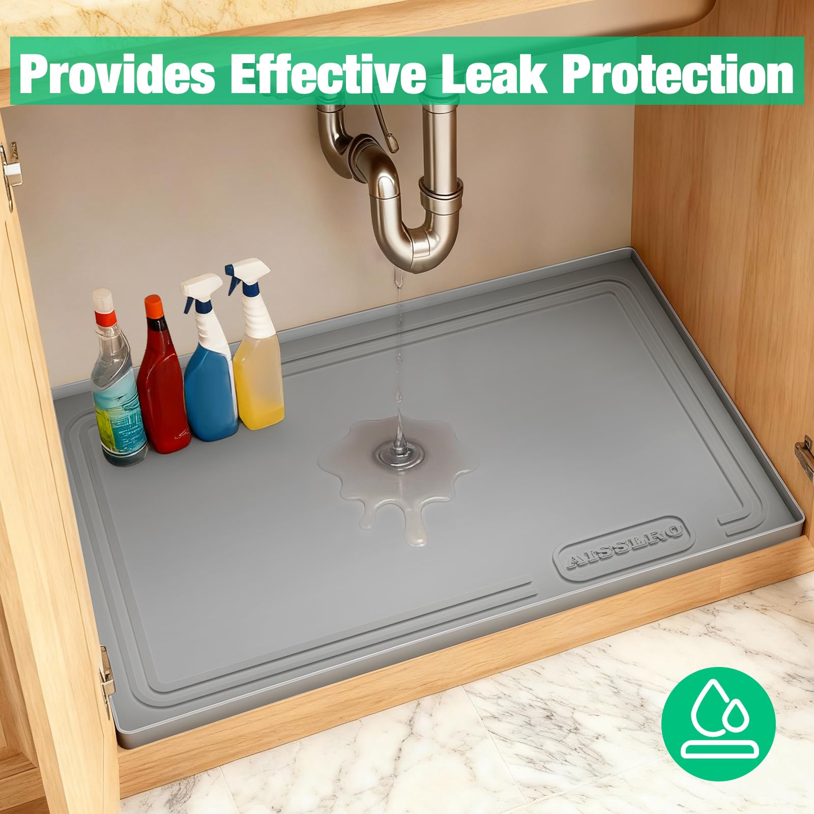 Aisslro Under Sink Mat 22" X 19", Waterproof Silicone Cabinet Protector with Raised Edge, Kitchen & Bathroom Leak Tray, Shelf Liner & Pet Feeding Mat for Dog Cat Food Mats, Light Gray